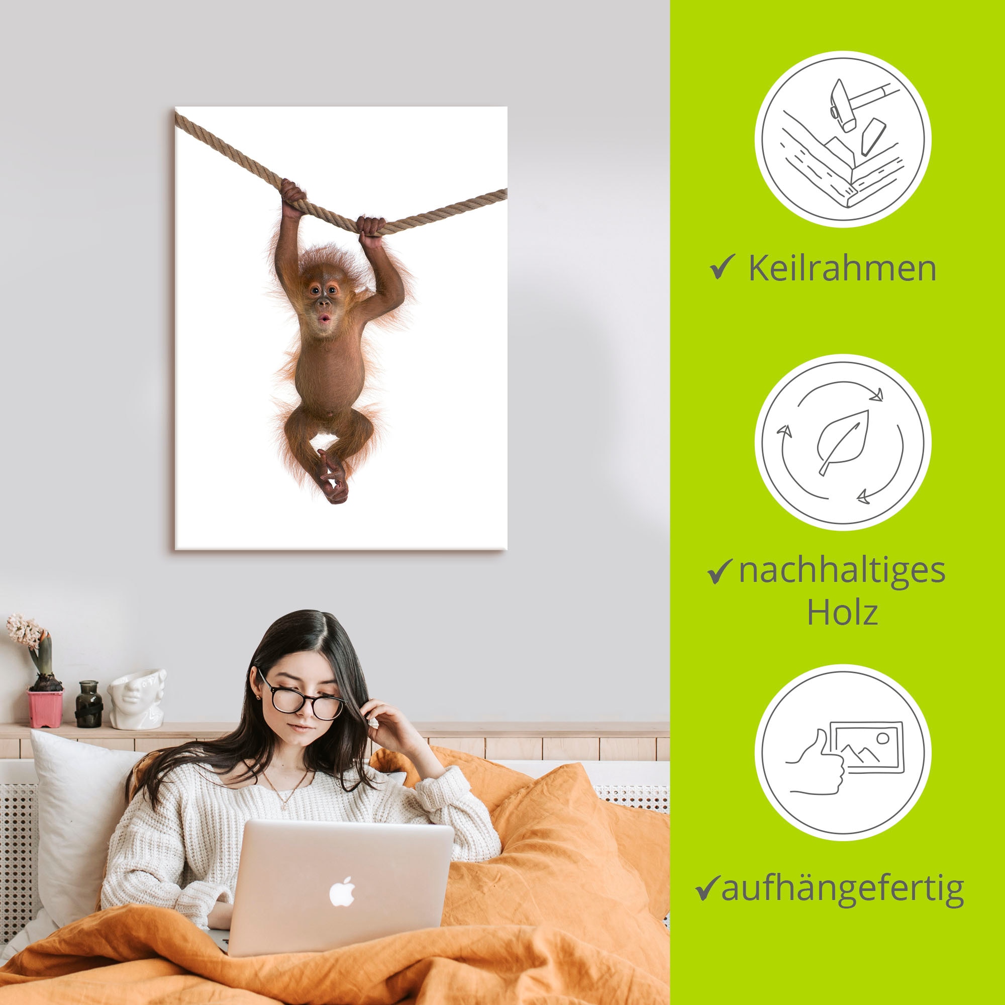 Artland Leinwandbild »Baby Orang Utan hängt an Seil II« Wildtiere 1 Stk. tlg. auf Holzrahmen gespannt