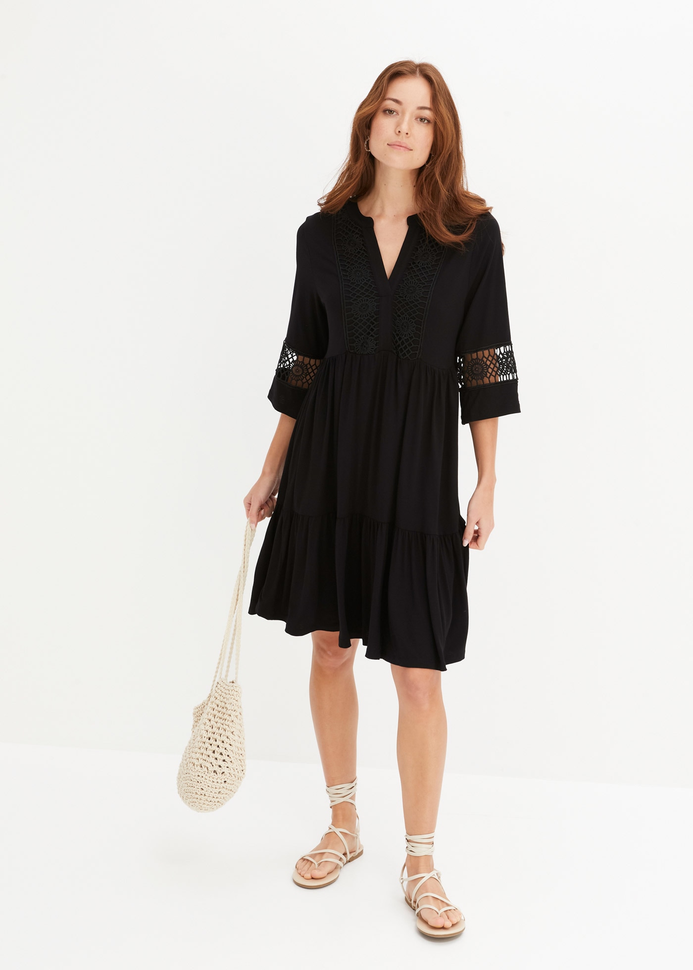 bonprix Robe tunique ausgestellte Passform, mit hochwertiger Spitze, mit 3/4-Ärmeln