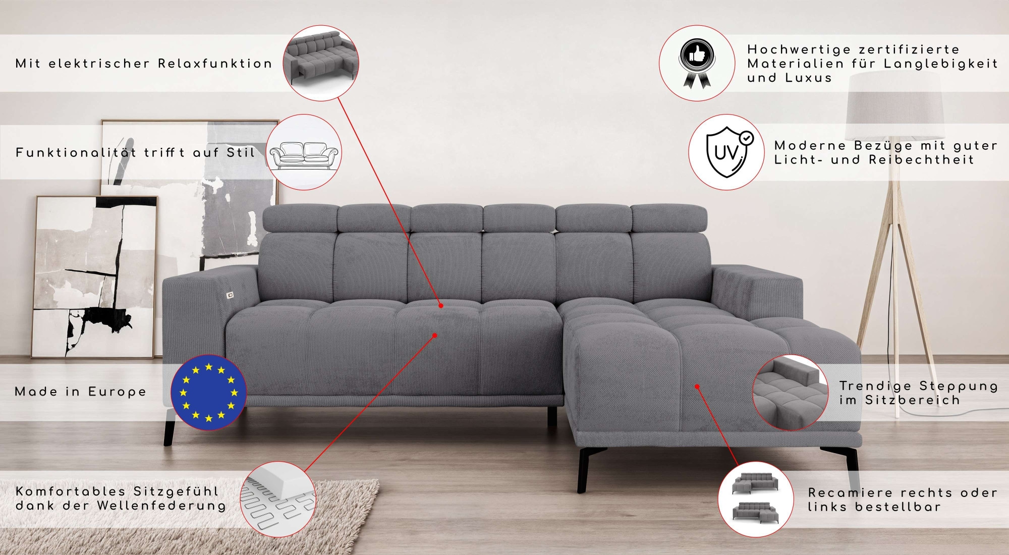 INOSIGN Canapé d'angle »CAZIE , Designsofa, L-Form, trendige Bubble-Optik,« L-Form mit Wellenunterfederung, Recamiere rechts/links bestellbar