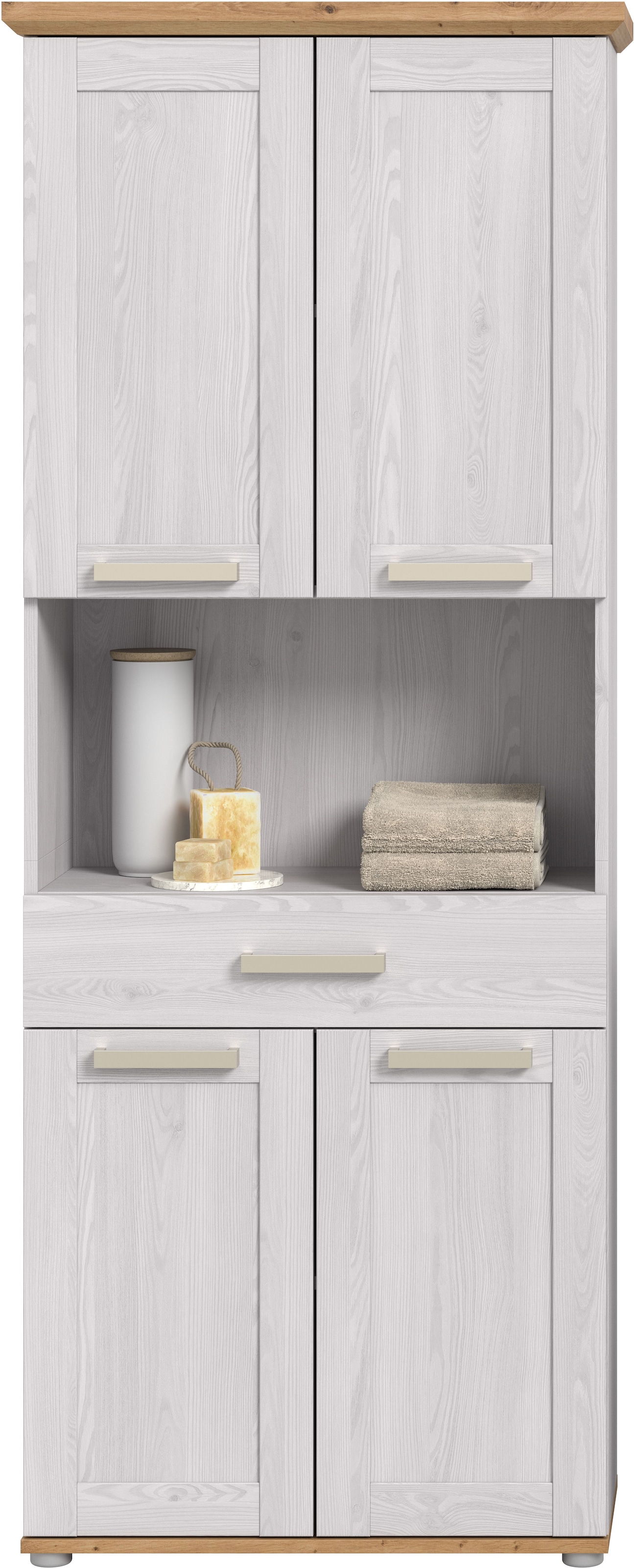 welltime Armoire haute »COSENZA, Höhe 187cm, 4 Türen, 1 Schubkasten, 1 offenes Fach« in Landhausoptik, mit weiteren Artikel der Serie kombinierbar, 1 cuis tlg. Hochschrank, Bad, Badezimmerschrank
