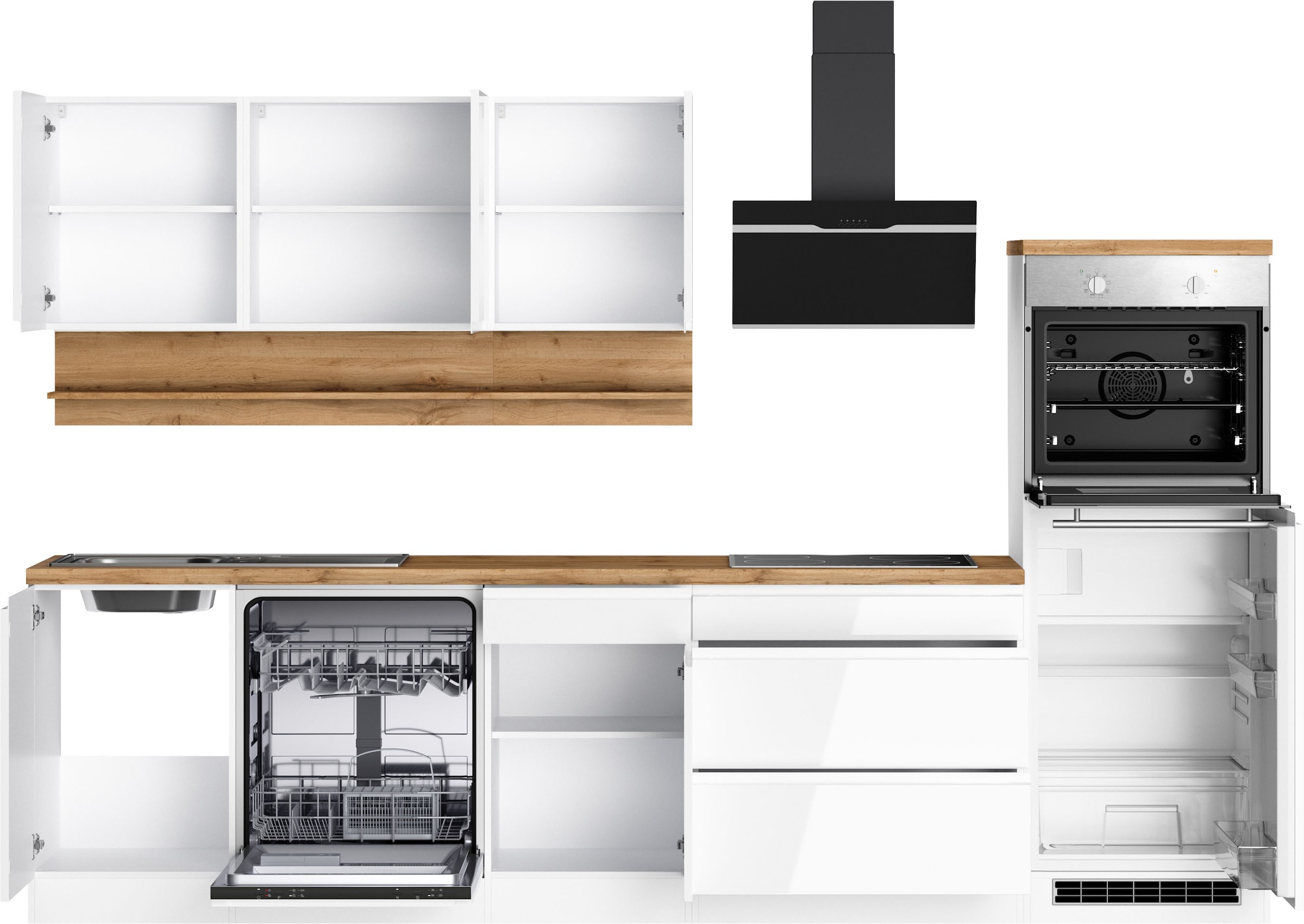 KOCHSTATION Küchenzeile »KS-Virginia,neu in verbesserter Ausführung« Arbeitsplatte 38 mm stark, Stauraum, Softclose,  Breite 300 cm, Soft-Close, ohne E-Geräte