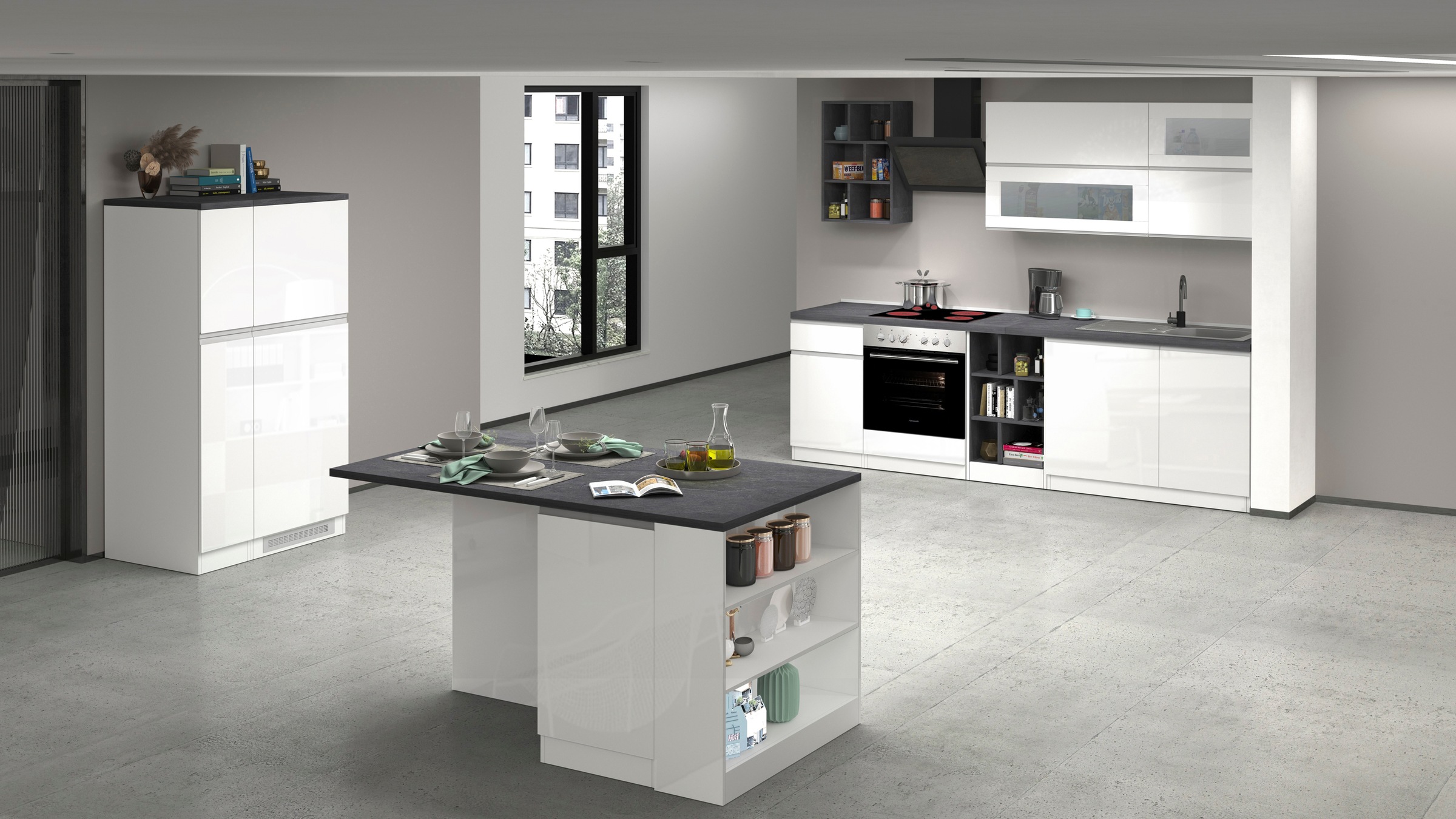 KOCHSTATION Kitchenette »KS-Sole« Breite 256 cm, Hängeschränke mit Milchglas, ohne E-Geräte