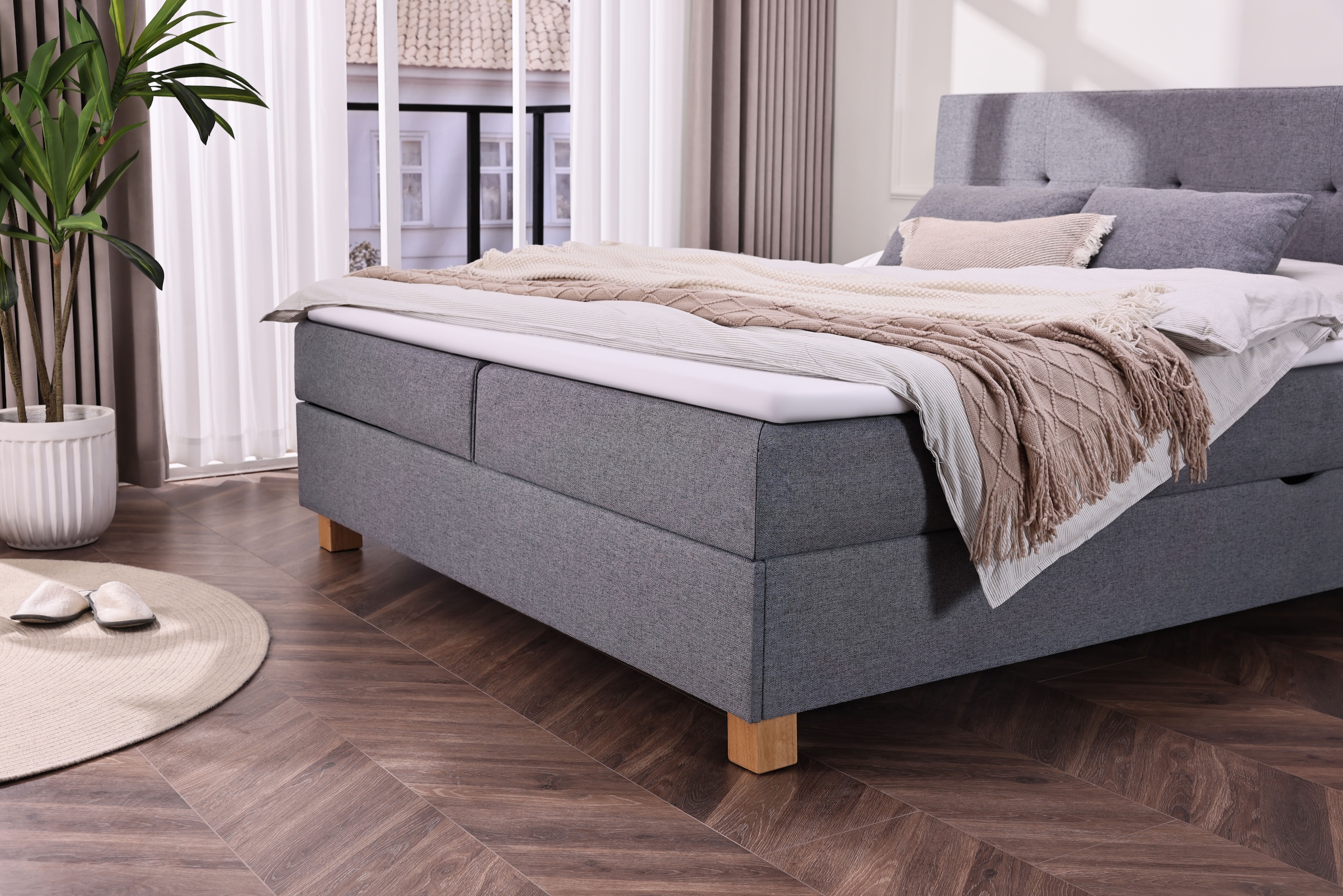 Home affaire Lit de boxe »Oyré inkl. Bettkasten, Topper und 2 gratis Kissen, 180x200 cm« mit Holzfüsse in eichefarben