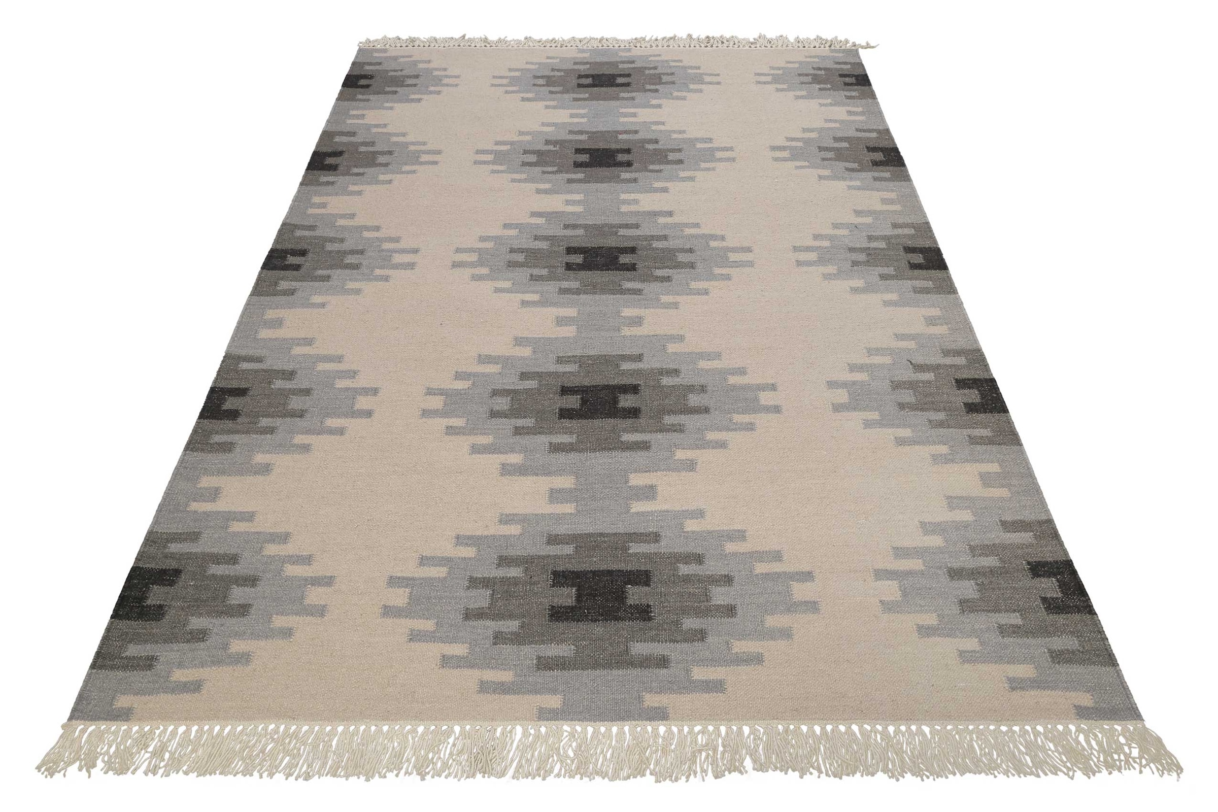 Green Looop Tapis en laine »Belle« Rectangulaire 5 mm Höhe Fransen, Kelim, handgewebt, Natur, Wohnzimmer, Schlafzimmer, Raute