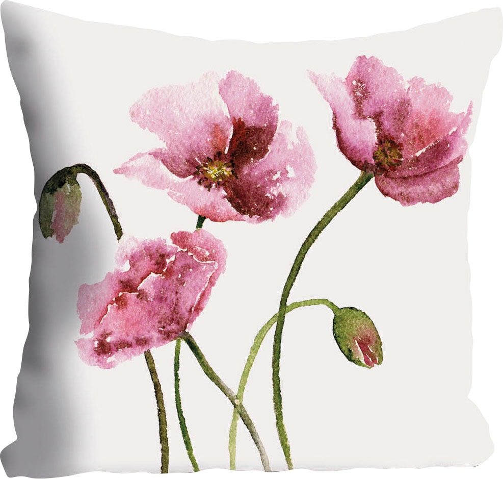 queence Dekokissen »Melanie« Kissenhülle,Weisser Hintergrund,Mohnblumen,Florales Design,Zart,Rot