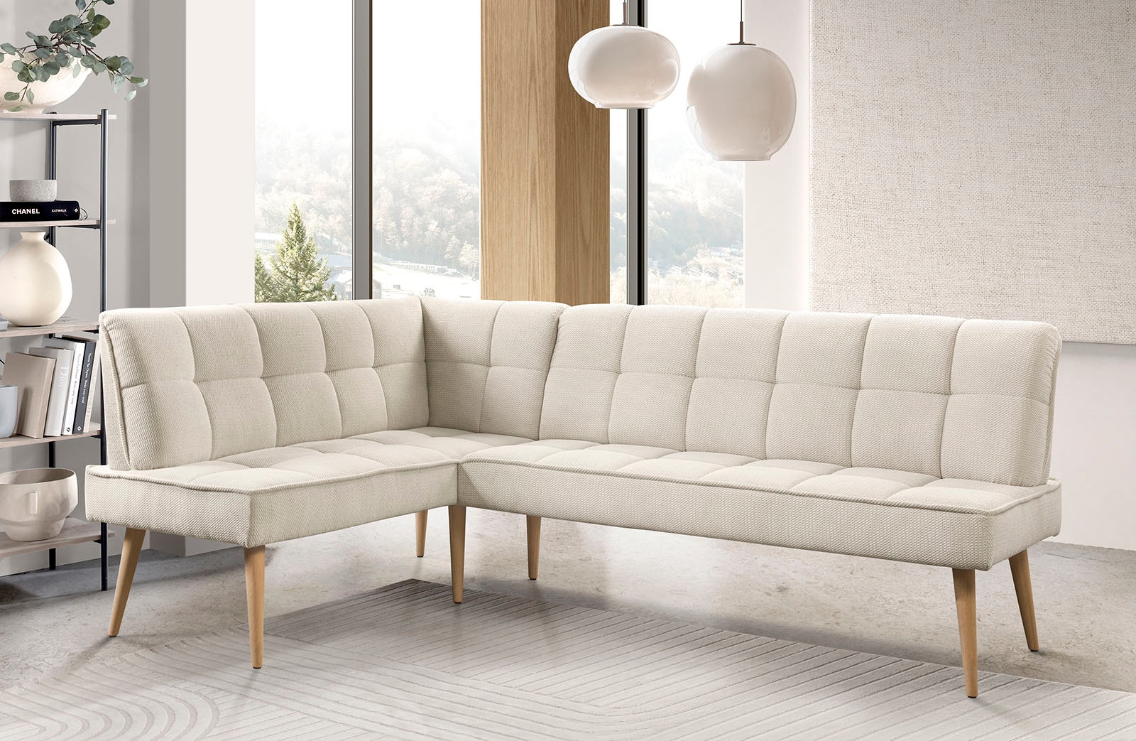 exxpo - sofa fashion Banc d'angle »Latte« couture moderne siège et dossier, confortable et élégant, pied en bois haut