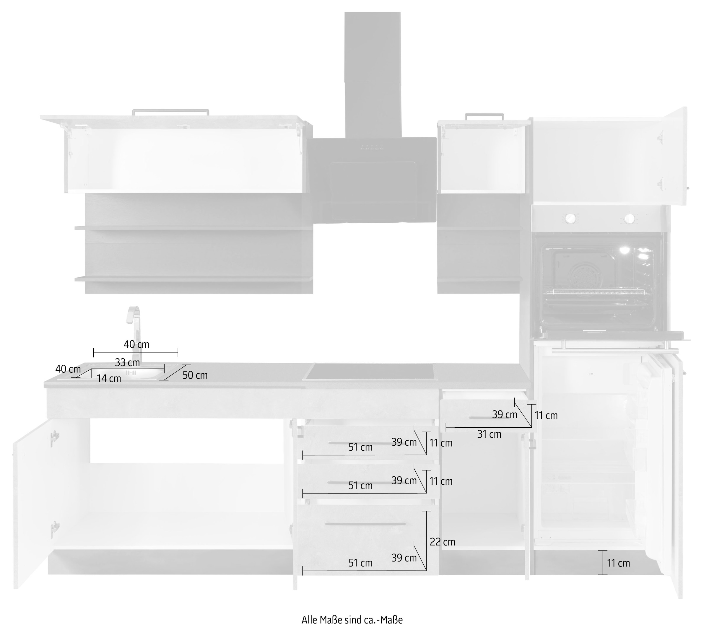 KOCHSTATION Küchenzeile »KS-Tulsa« ohne E-Geräte, Breite 270 cm, schwarze Metallgriffe, MDF Fronten