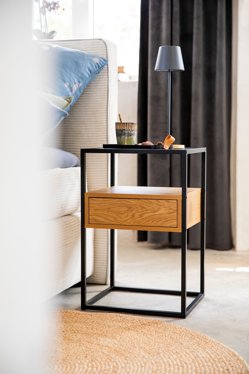 ACTONA GROUP Nachttisch »Randolf, Nachtschrank, skandinavisches Design, gehärtetes Rauchglas« Schublade in Holzoptik mit Push-to-Open-Funktion, Stahlbeine, B: 40 cm