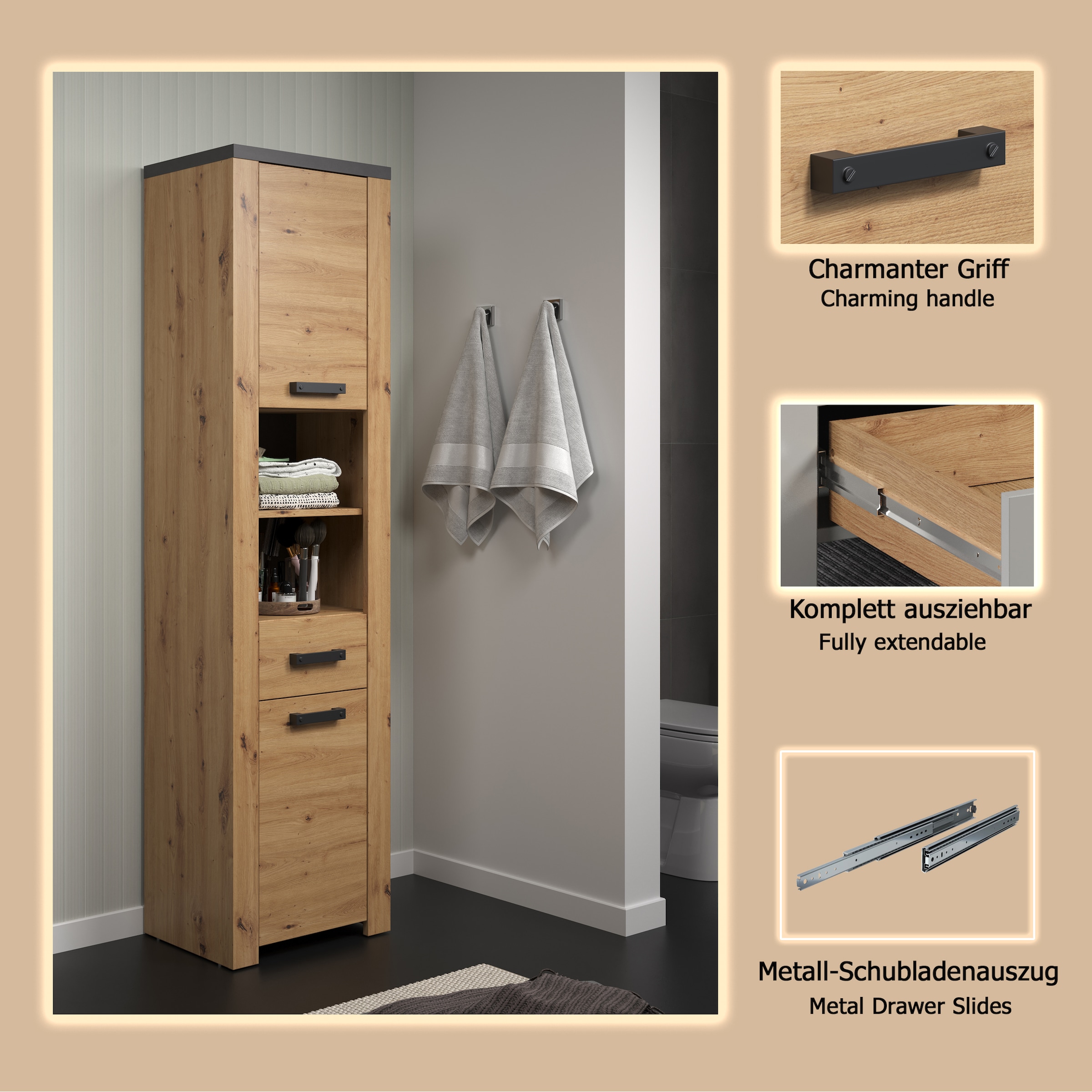 welltime Armoire haute »Ambres« 1 cuis tlg. Hochschrank mit Soft-Close Funktion - (B/T/H) 53/35/196 cm