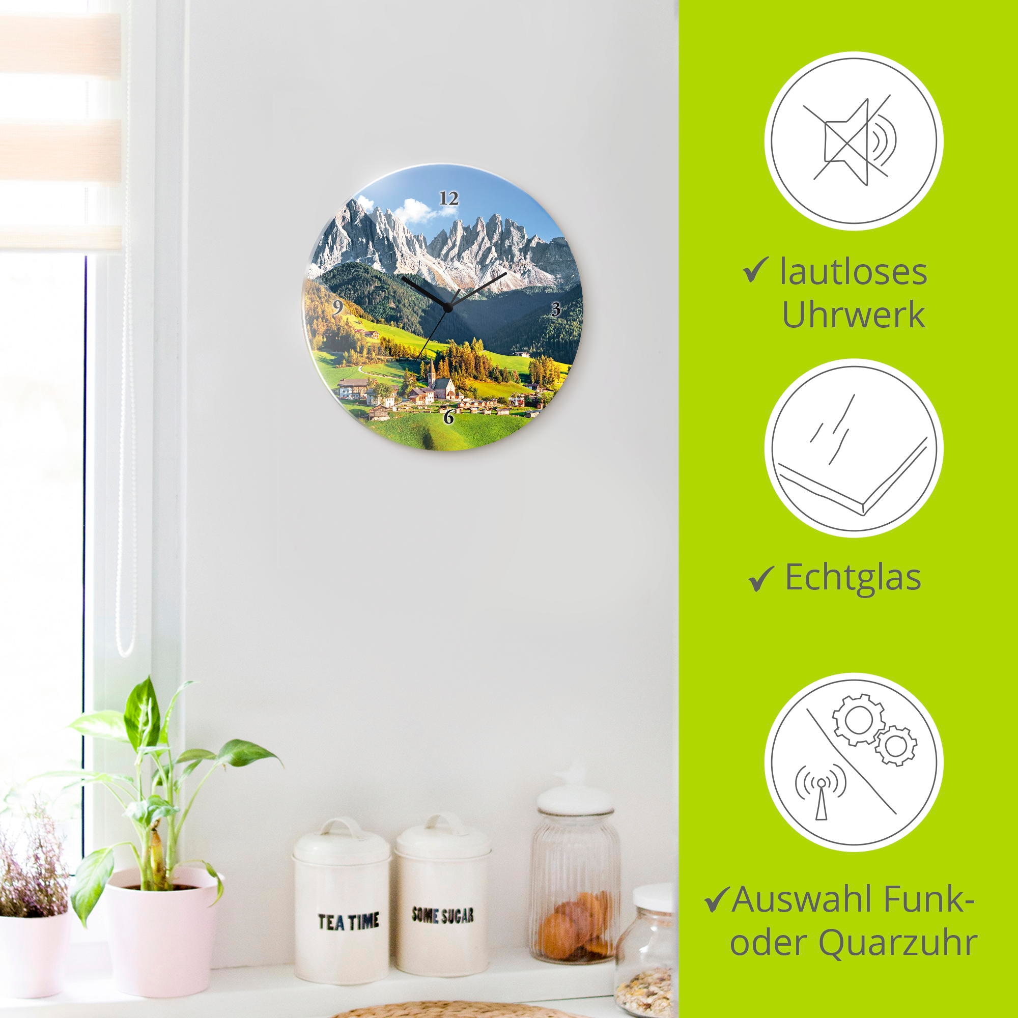 Artland Horloge murale »Glasuhr rund Alpen Berge Santa Maddalena« wahlweise mit Quarz- oder Funkuhrwerk, lautlos ohne Tickgeräusche