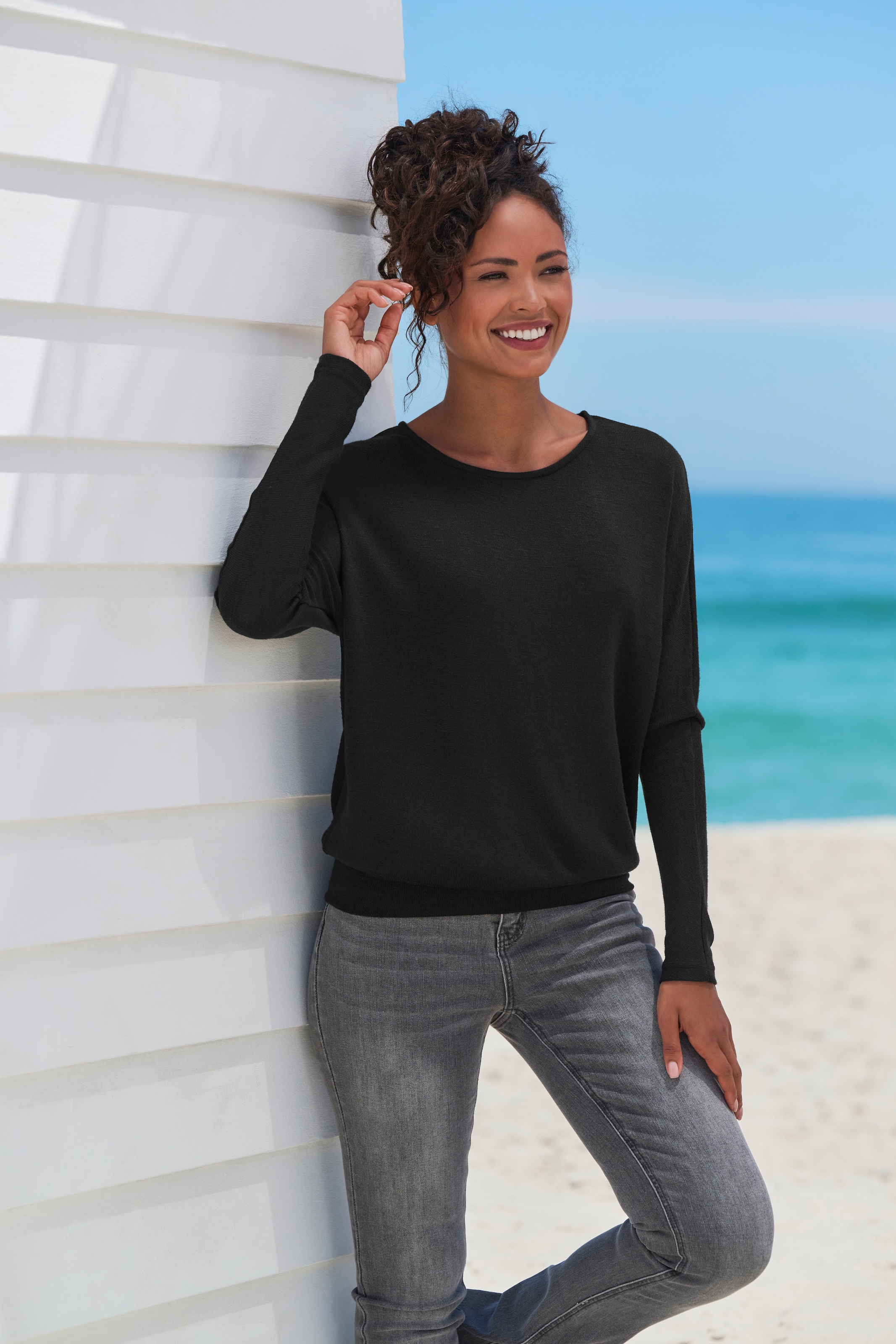 Vivance Langarmshirt »mit breitem Bund« aus strukturiertem Feinstrick mit Viskose