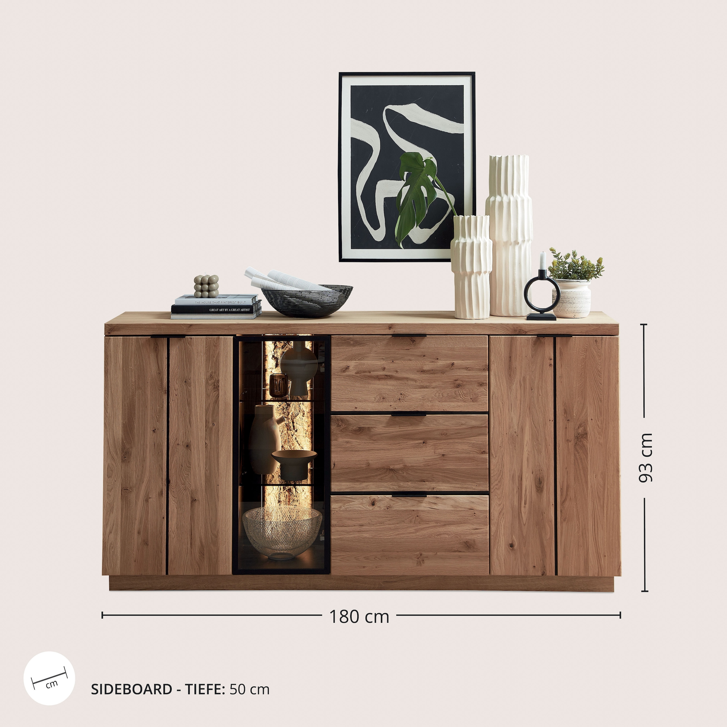 Wohnconcept Buffet »Donna Sideborad, 180x93x48 (BxHxT)« 1 cuis tlg. Beleuchtung optional bestellbar, 3 türig, 3 Schubkasten, Softclose