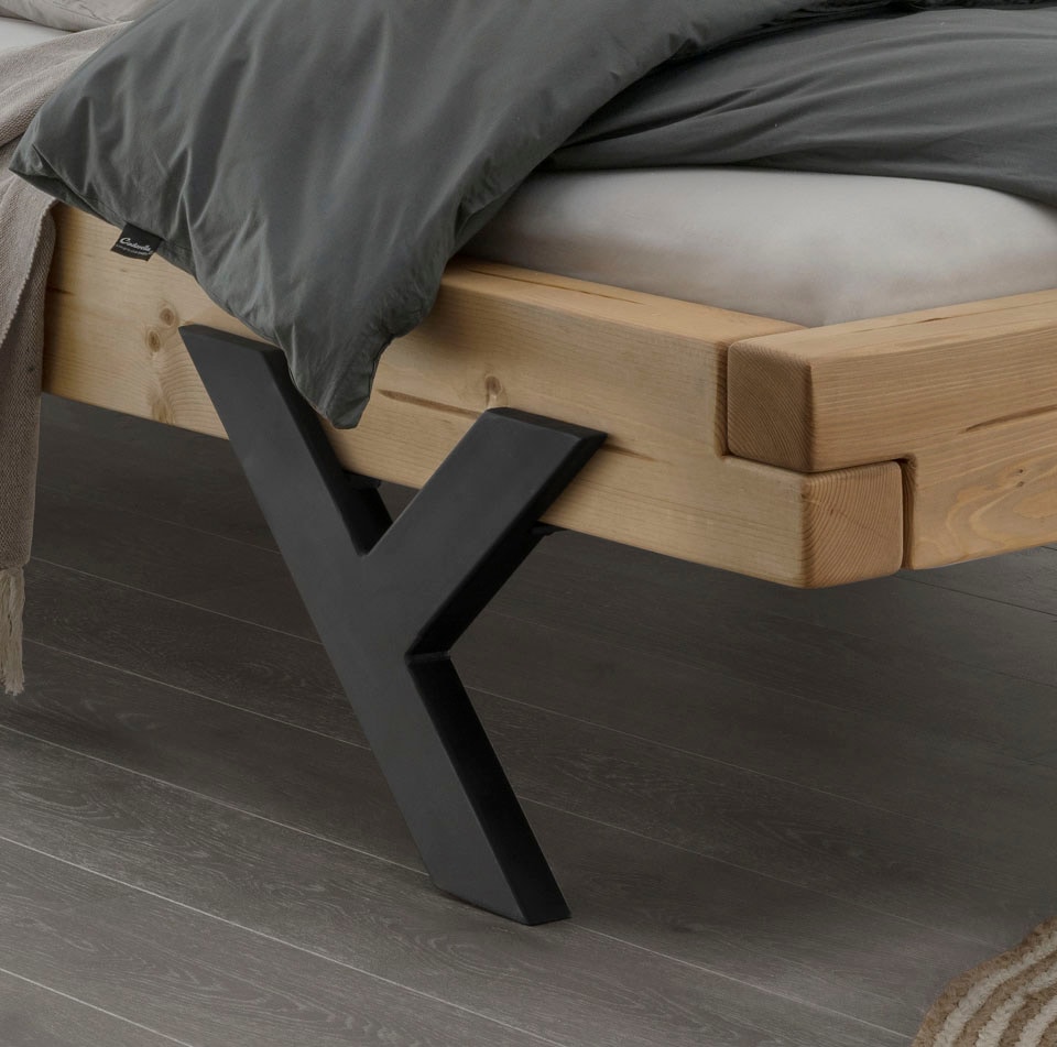 GOODproduct Lit en bois massif »Ultima Balkenbett Doppelbett, Füsse aus Metall in Y-Form« Haute capacité : 200 kg par côté,  Chêne sauvage ou épicéa certifié FSC®, plusieurs largeurs au choix