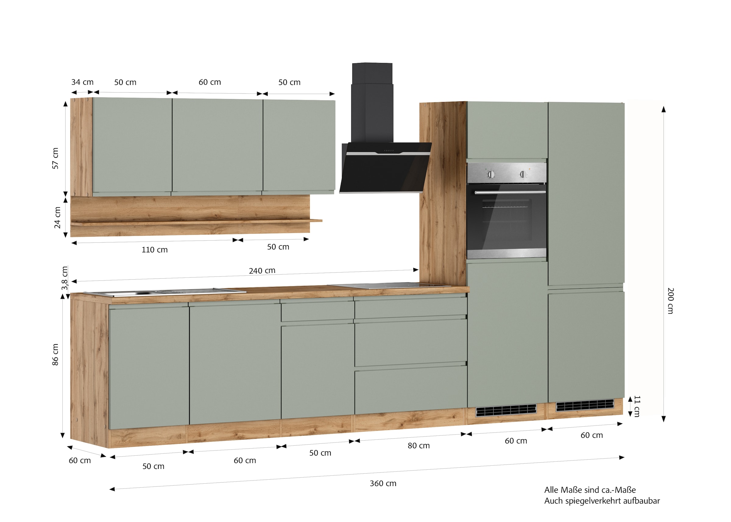 KOCHSTATION Kitchenette »KS-Virginia,neu in verbesserter Ausführung« plan de travail épaisseur 38 mm, rangement, fermeture douce,  largeur 360 cm, softclose, au choix avec appareils électriques et induction