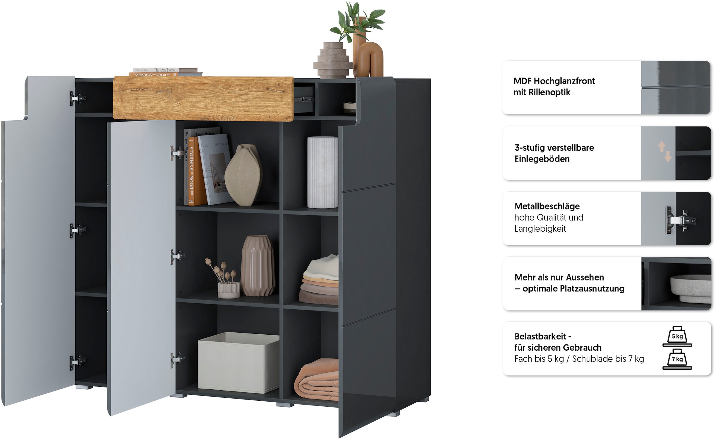 GOODproduct Buffet haut »Toledo,Breite 147,5 cm,trendige Hochkommode mit 3 Türen 1SK« armoire haute avec beaucoup de rangement, façades laquées brillantes stylées