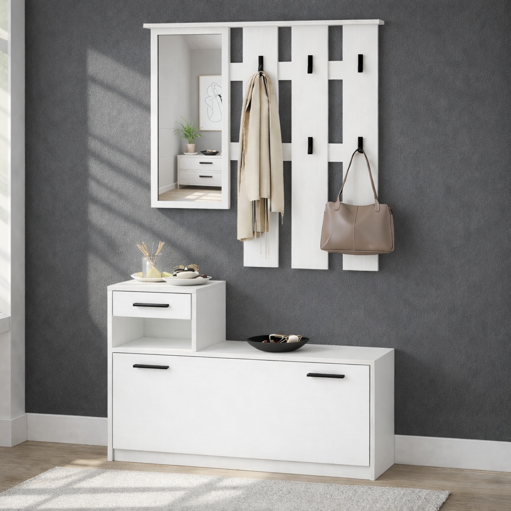 GOODproduct Ensemble de vestiaires »Luna Kommode mit 1 Klappe + 1 Schubkasten, Paneel mit Spiegel 6 Haken« 2 cuis tlg.