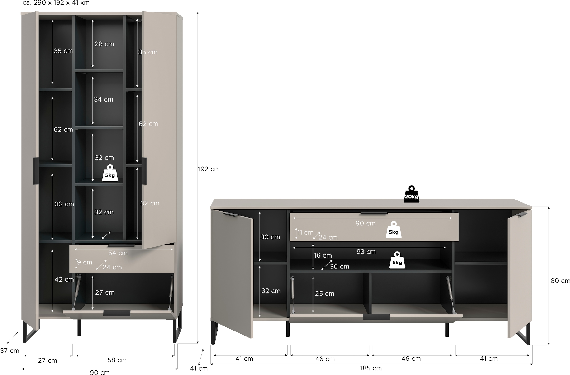 Home affaire Meuble mural »ADIO, Breite 290 cm, 2-teiliges Set, mit Metall-Kufenfüsse« Set, bestehend aus: Mehrzweckschrank und Sideboard, 2 cuis tlg.