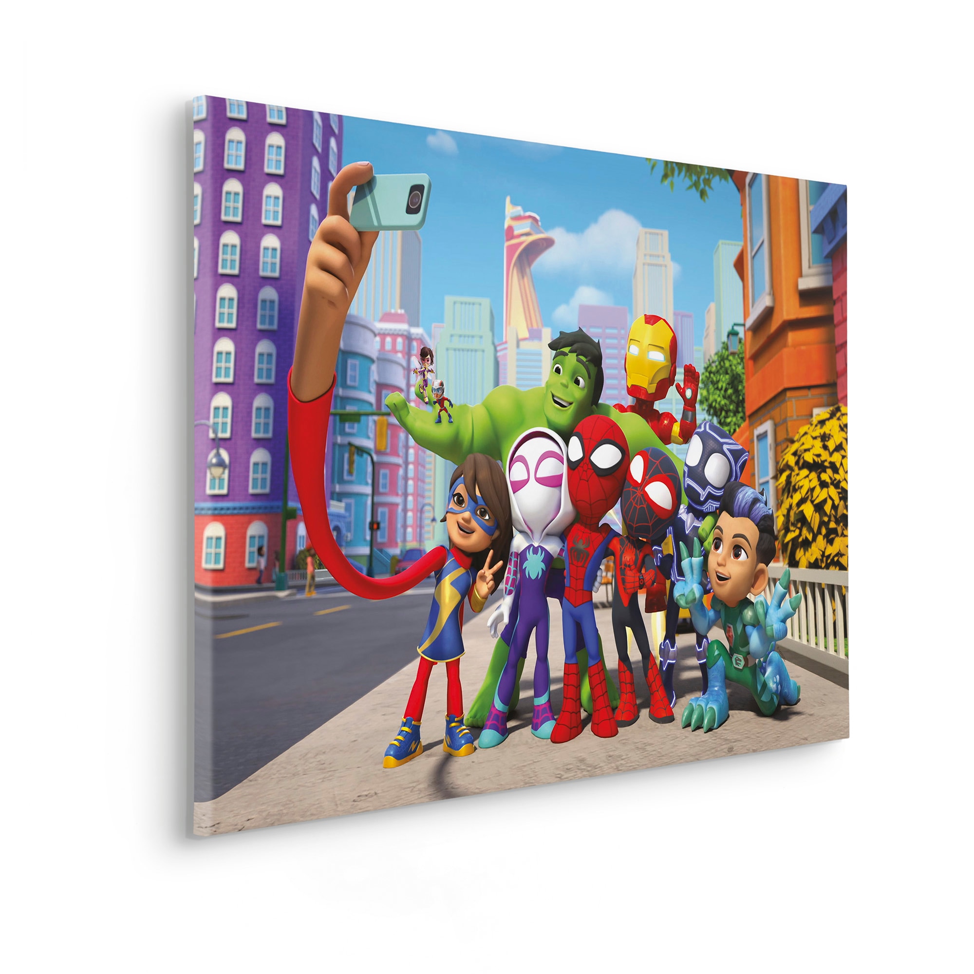 Komar Tableau sur toile »Spidey and His Amazing Friends Selfie - Grösse 90 x 60 cm« Leinwandbild, 1 cuis tlg. Keilrahmenbild mit Echtholzrahmen, Kinderzimmer