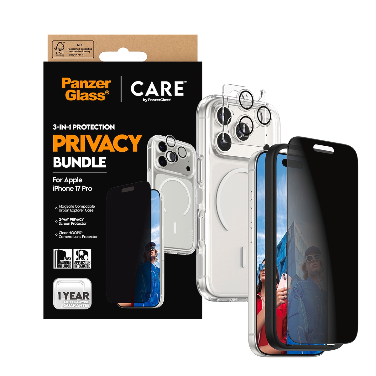CARE by PanzerGlass Handyhülle »3-in-1 Flagship Privacy Bundle Apple iPhone 17 Pro« Apple iPhone 17 Pro Backcover, Schutzhülle, Handyschutzhülle, Case, Schutzcase, stossfest