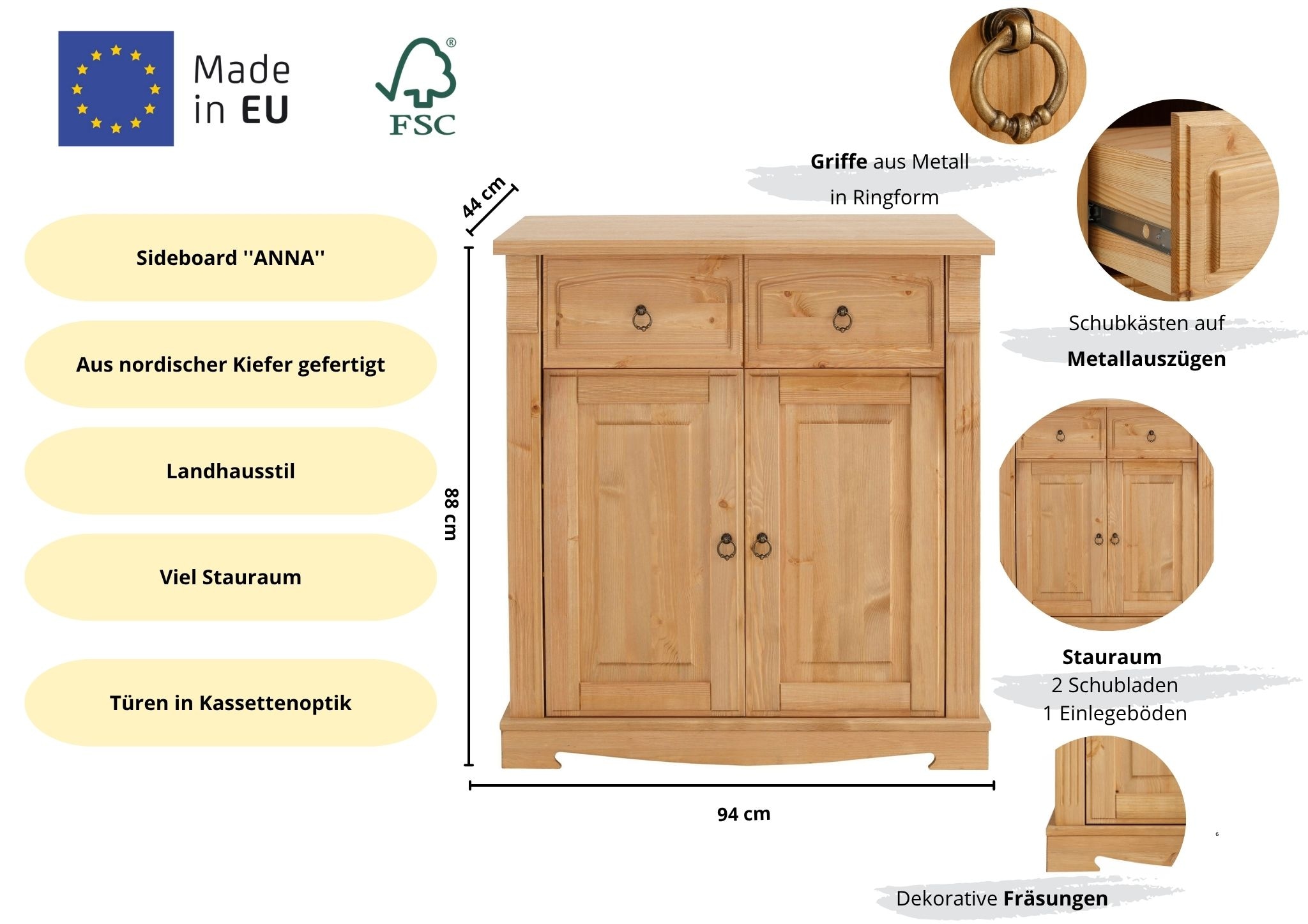 GOODproduct Commode »Anna, Sideboard, Anrichte, Stauraumschrank« B/T/H: 94/40/88 cm,  aus massiver Kiefer, Breite 94 cm, mit Kassettenoptik, FSC®