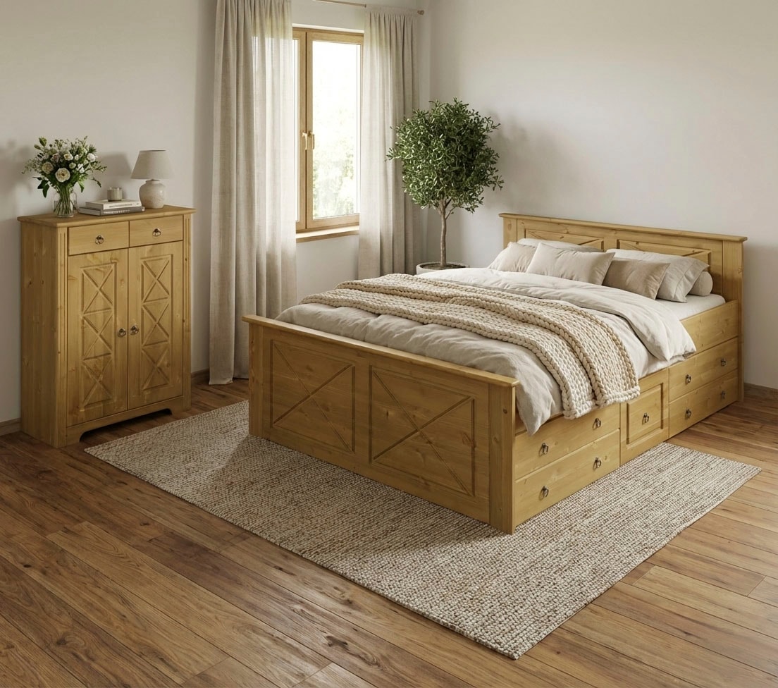 GOODproduct Lit »Hugo, Massivholzbett, FSC® zertifiziertes Massivholz« B/T/H: 153/208/84 cm,  aus massiver Kiefer, ohne Lattenrost,140x200 cm, Bettkasten optional