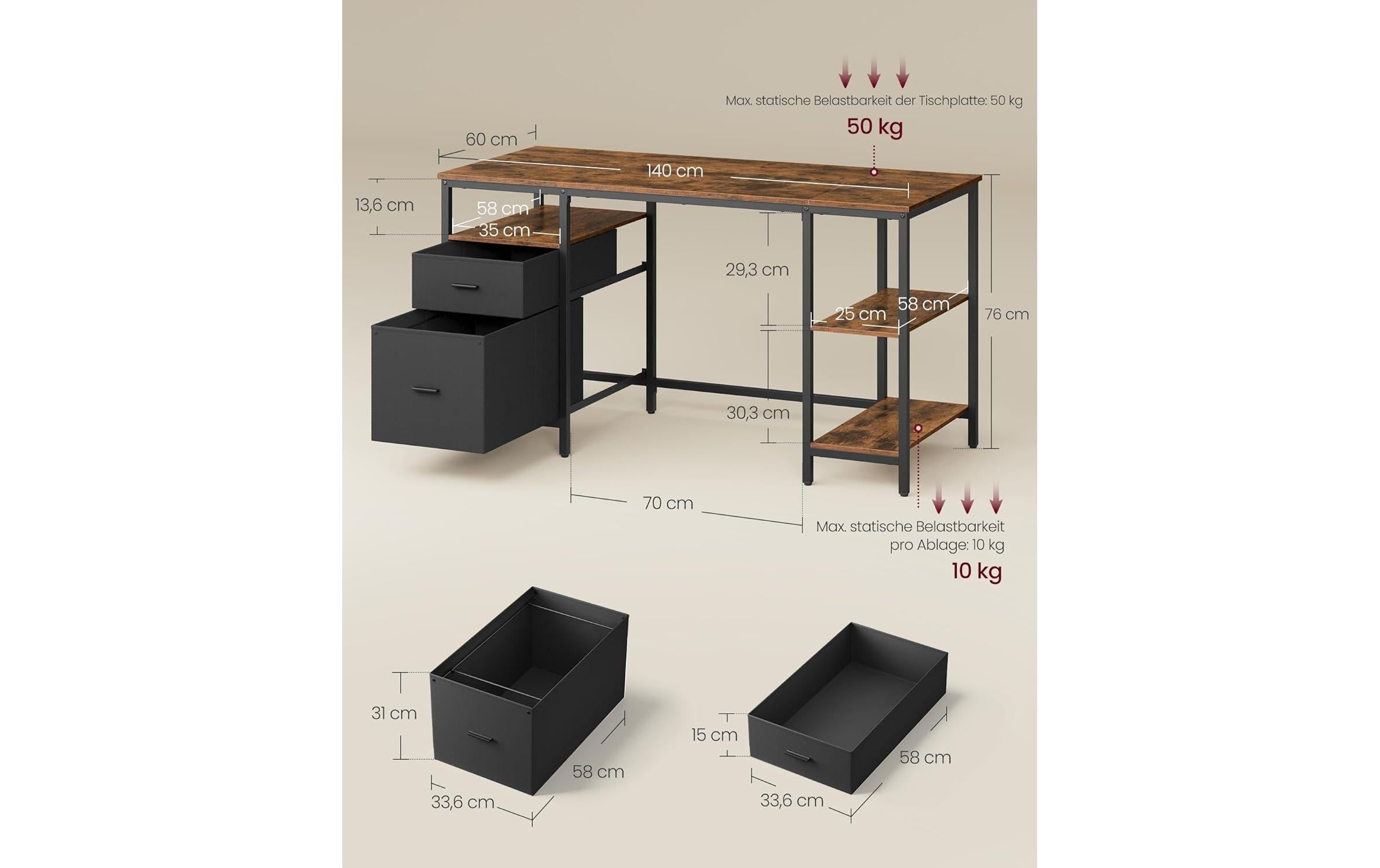 VASAGLE Bureau »140 x 60 cm, Rustikales«