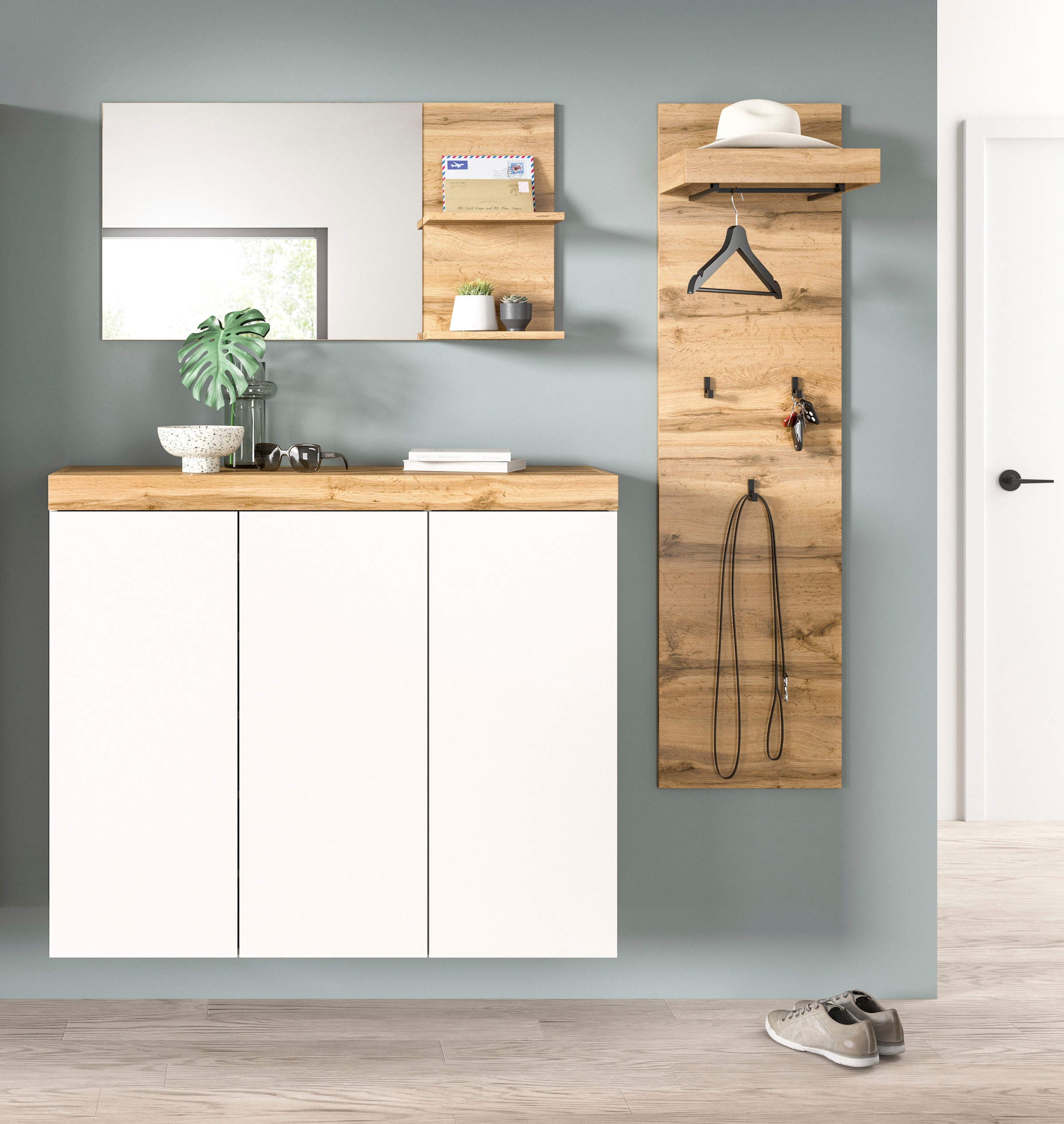 GOODproduct Garderoben-Set »MAMBO, 3-teilige Kombination, stehend & hängend montierbar« bestehend aus: Kommode, Spiegel, Garderobenpaneel, 3 Stk. tlg.