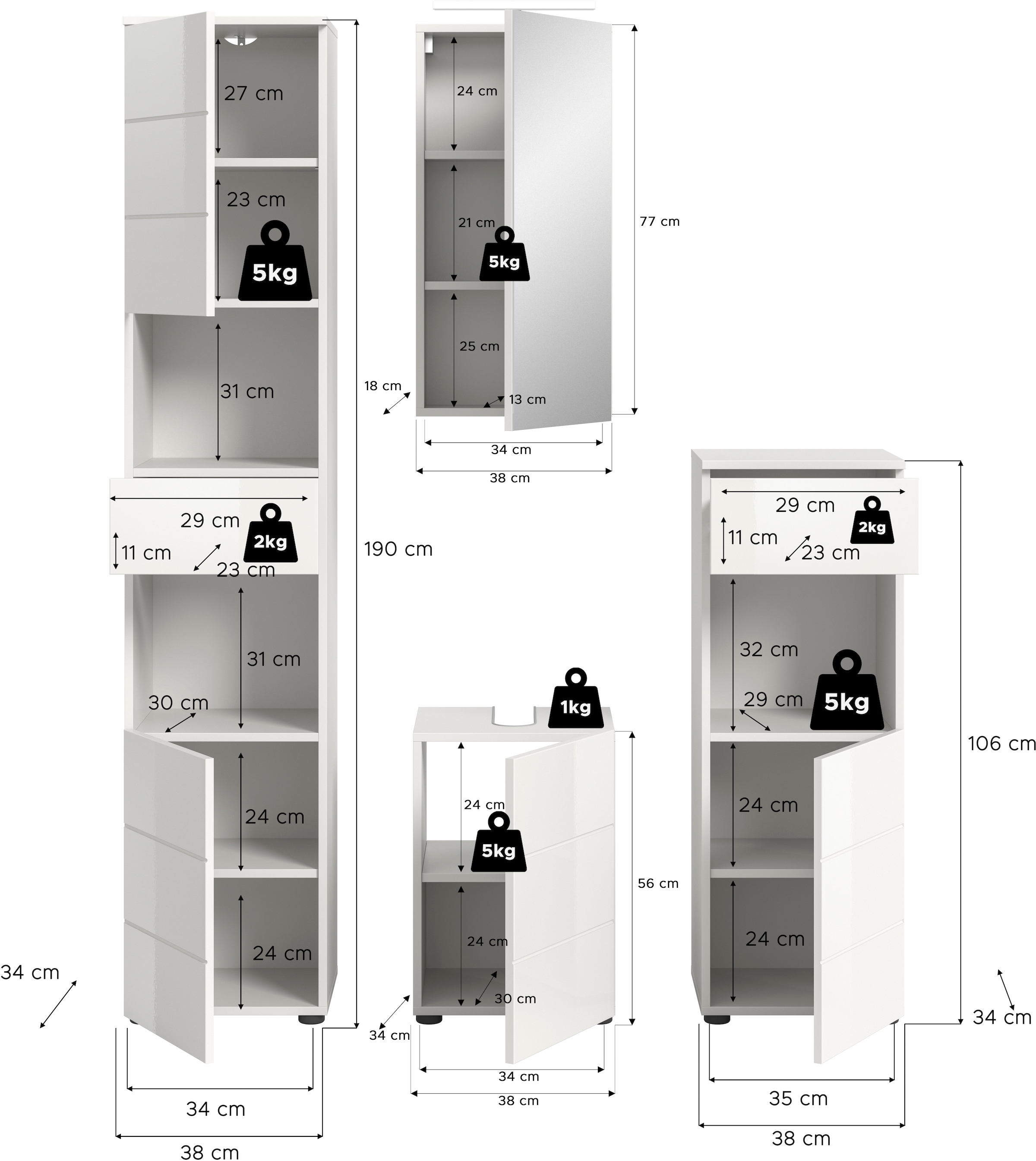 welltime Ensemble de meubles de salle de bain »Biel, Höhe 190 cm,Hochschrank,WBU, Spiegelschrank, Unterschrank, Lampe« 5 cuis tlg.
