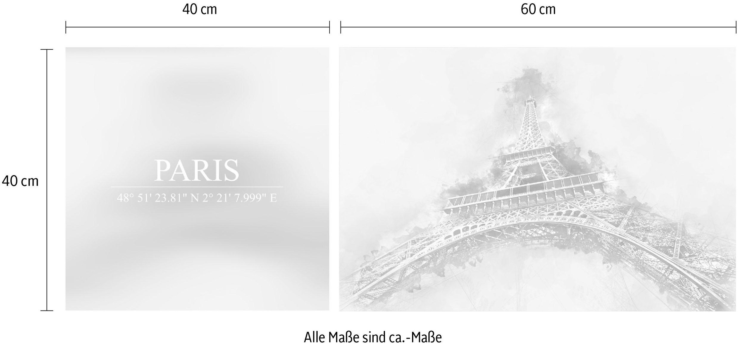 queence Leinwandbild »Paris« Elemente der Architektur | Kunst | Paris | Schriftzug | Schriftzüge | Sprüche | Sprüche & Texte Set,  Premium-Leinwandstoff, Handarbeit aus Deutschland, Spruch, 2er Set