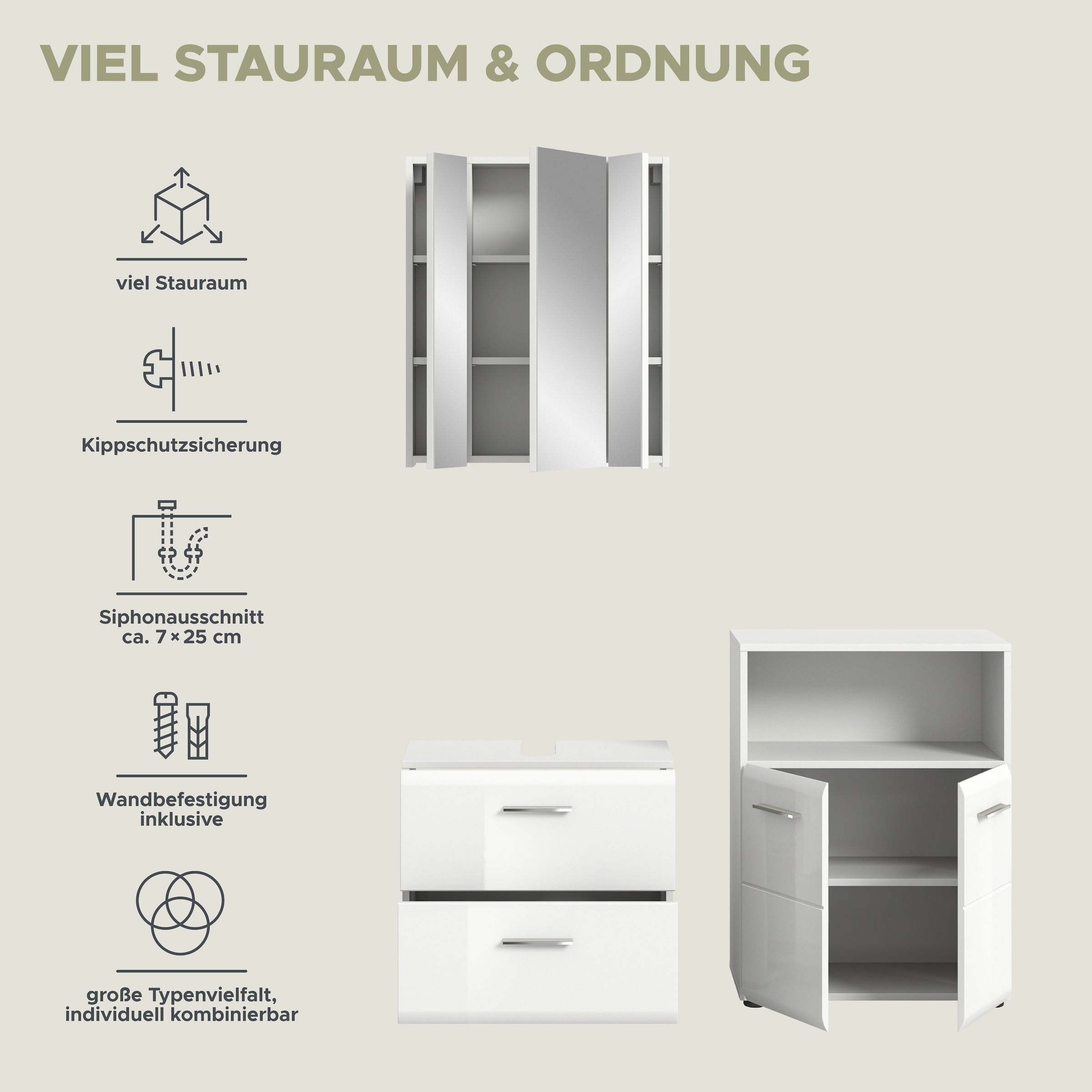 welltime Badmöbel-Set »FLORENZ, TOPSELLER!, 3-teilige Badkombination, hochwertige MDF-Front« Set, best. aus: Waschbeckenunterschrank, Spiegelschrank, Midischrank breit, 