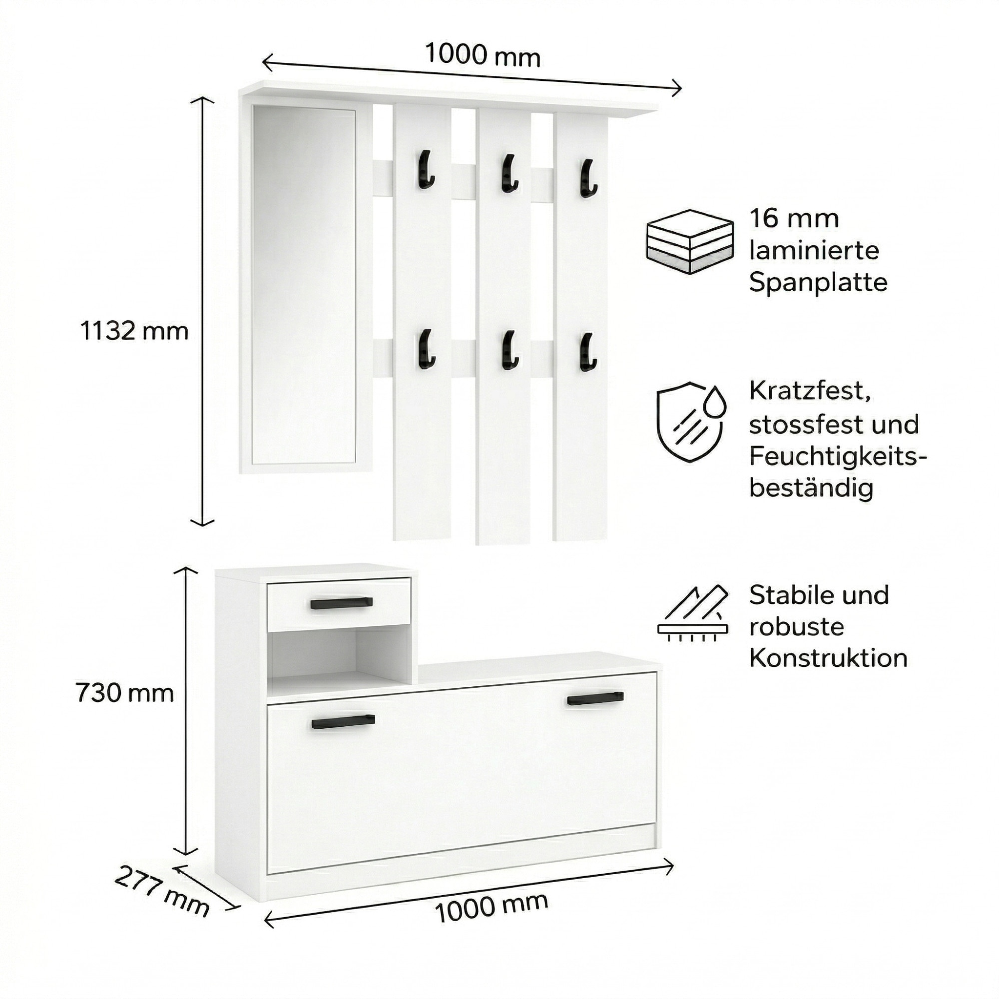 GOODproduct Ensemble de vestiaires »Luna Kommode mit 1 Klappe + 1 Schubkasten, Paneel mit Spiegel 6 Haken« 2 cuis tlg.