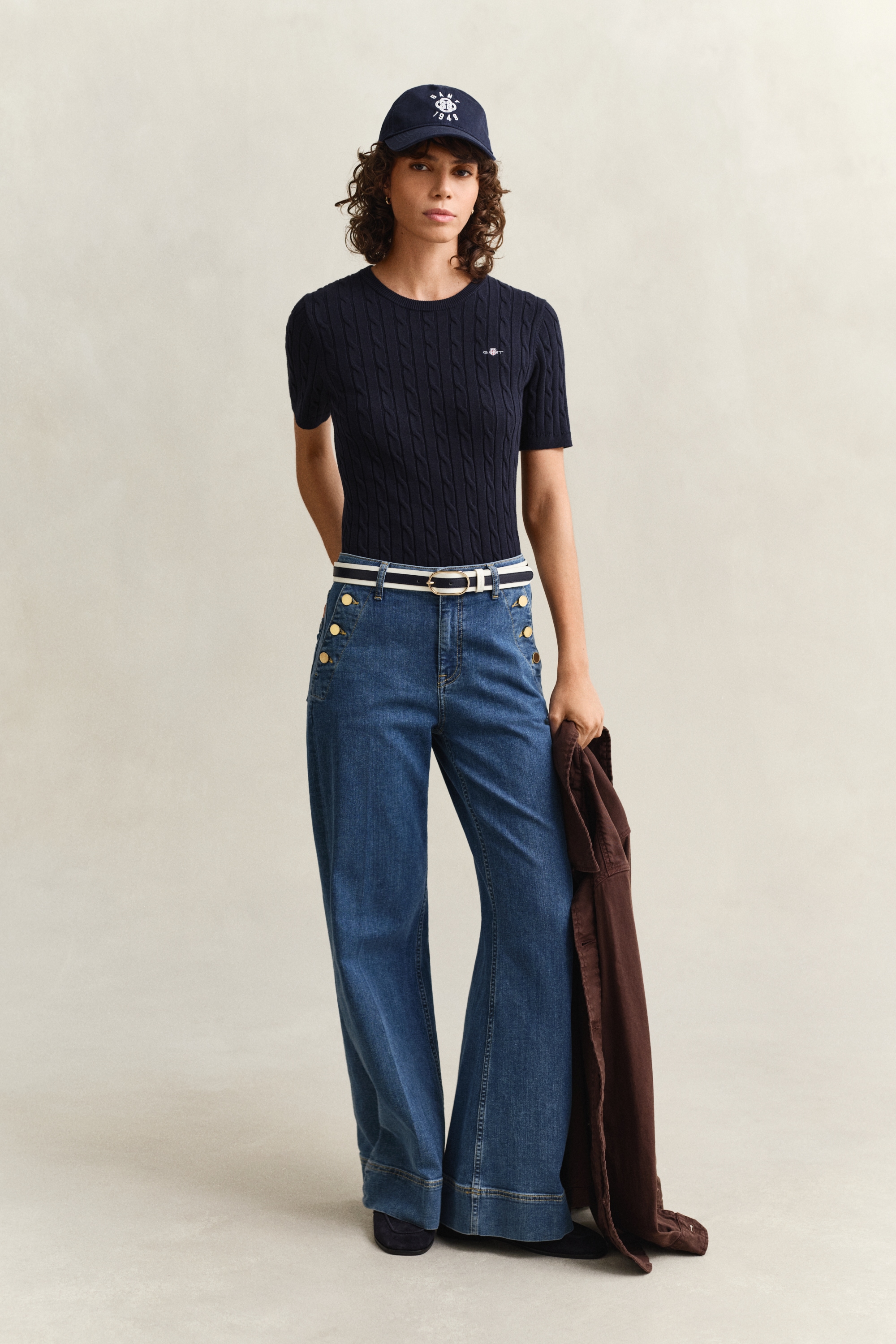 Gant Pull à manches courtes »STRETCH COTTON CABLE« Coupe slim avec encolure ronde