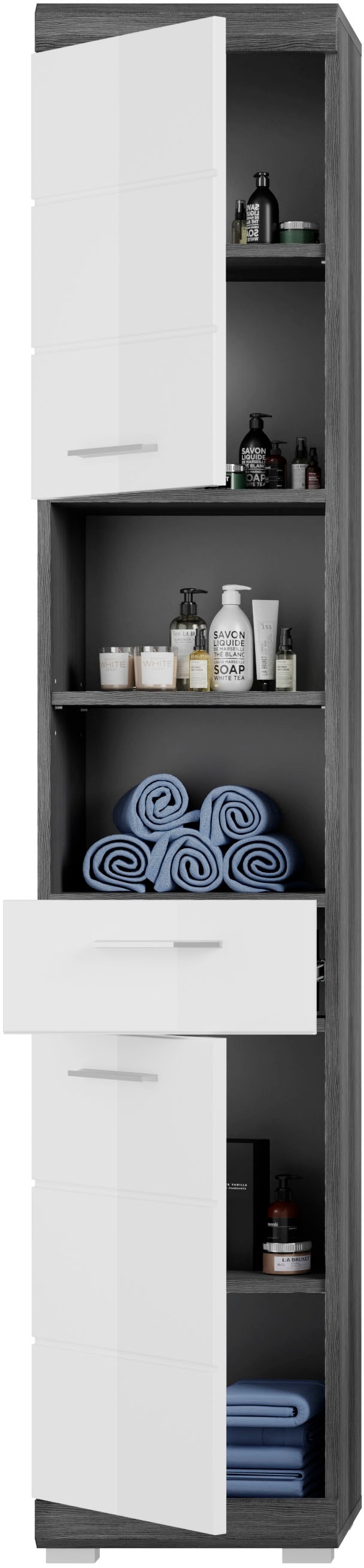 welltime Hochschrank »SIENA, Breite 37cm, 2 Tür, 1 Schubkasten, 2 offene Fächer, MDF-Front« TOPSELLER!, 1 Stk. tlg. in verschiedenen Farben erhältlich, Badmöbel, Badschrank, Schrank, Bad