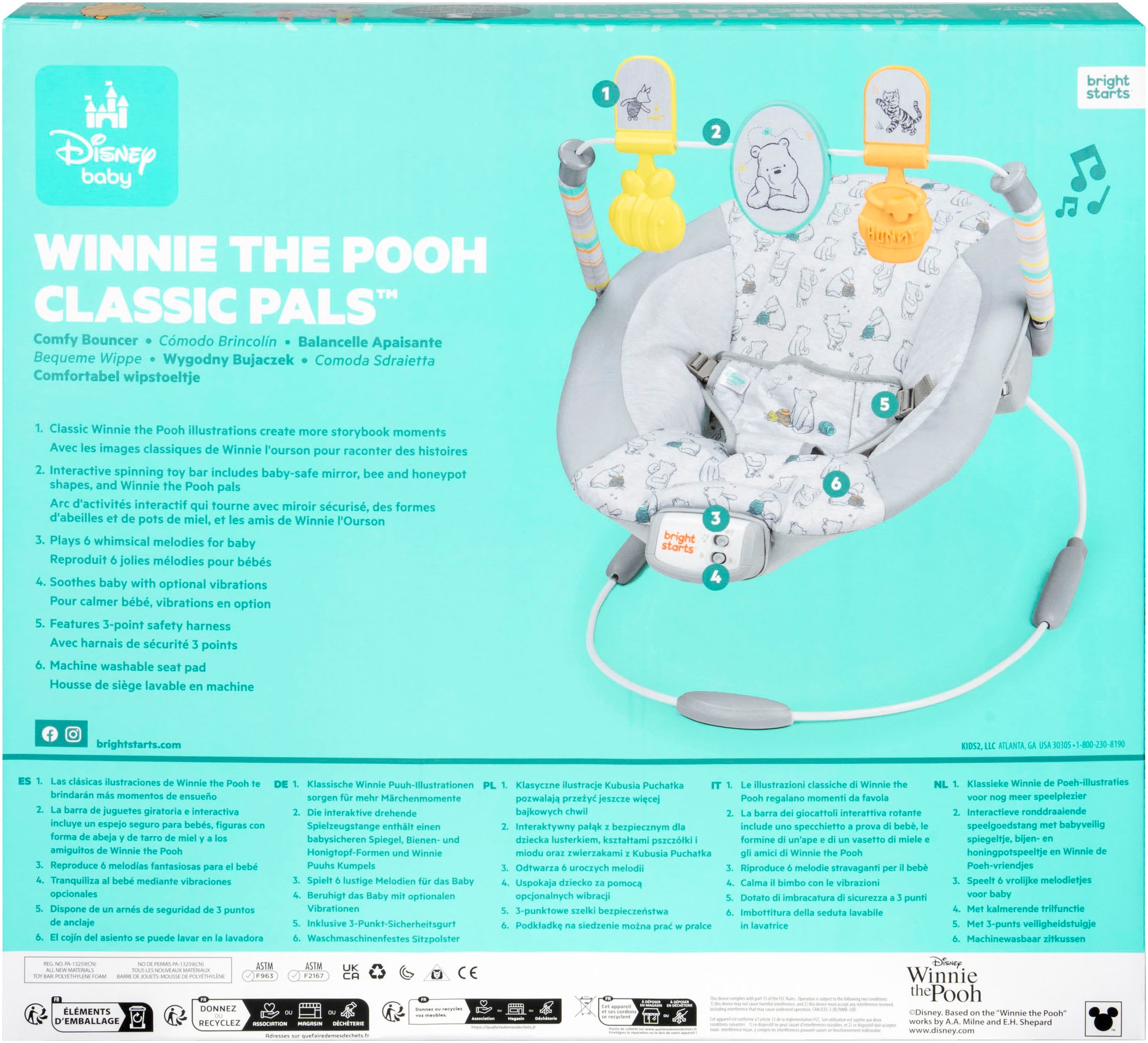 Bright Starts Babywippe »Disney Winnie the Pooh Classic Pals Vibrating Bouncer« bis 9 kg mit Sound-Effekt