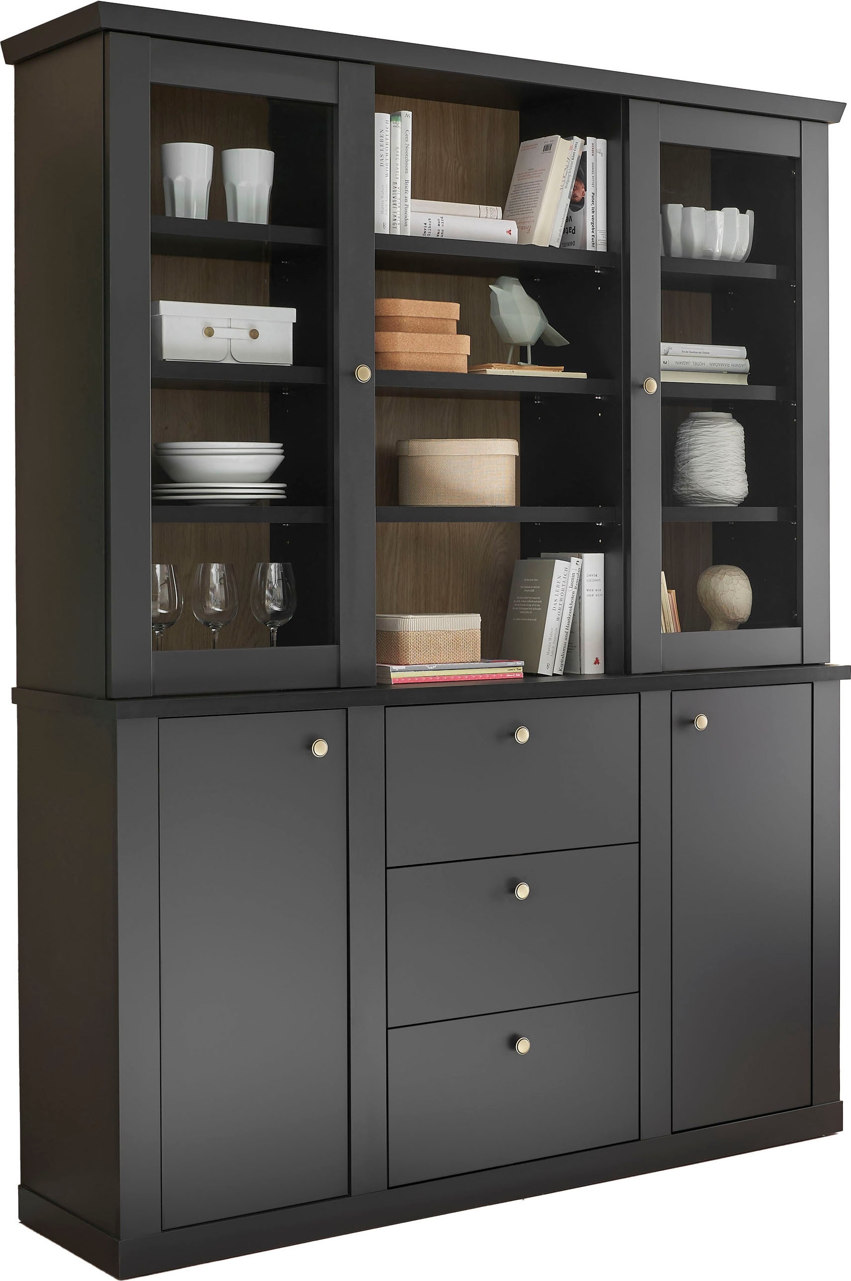 Home affaire Buffet »Lincoln, Hochschrank im Landhausstil, moderner Schrank« edles Design, messingfarbene Knopfgriffe, vielseitig einsetzbar
