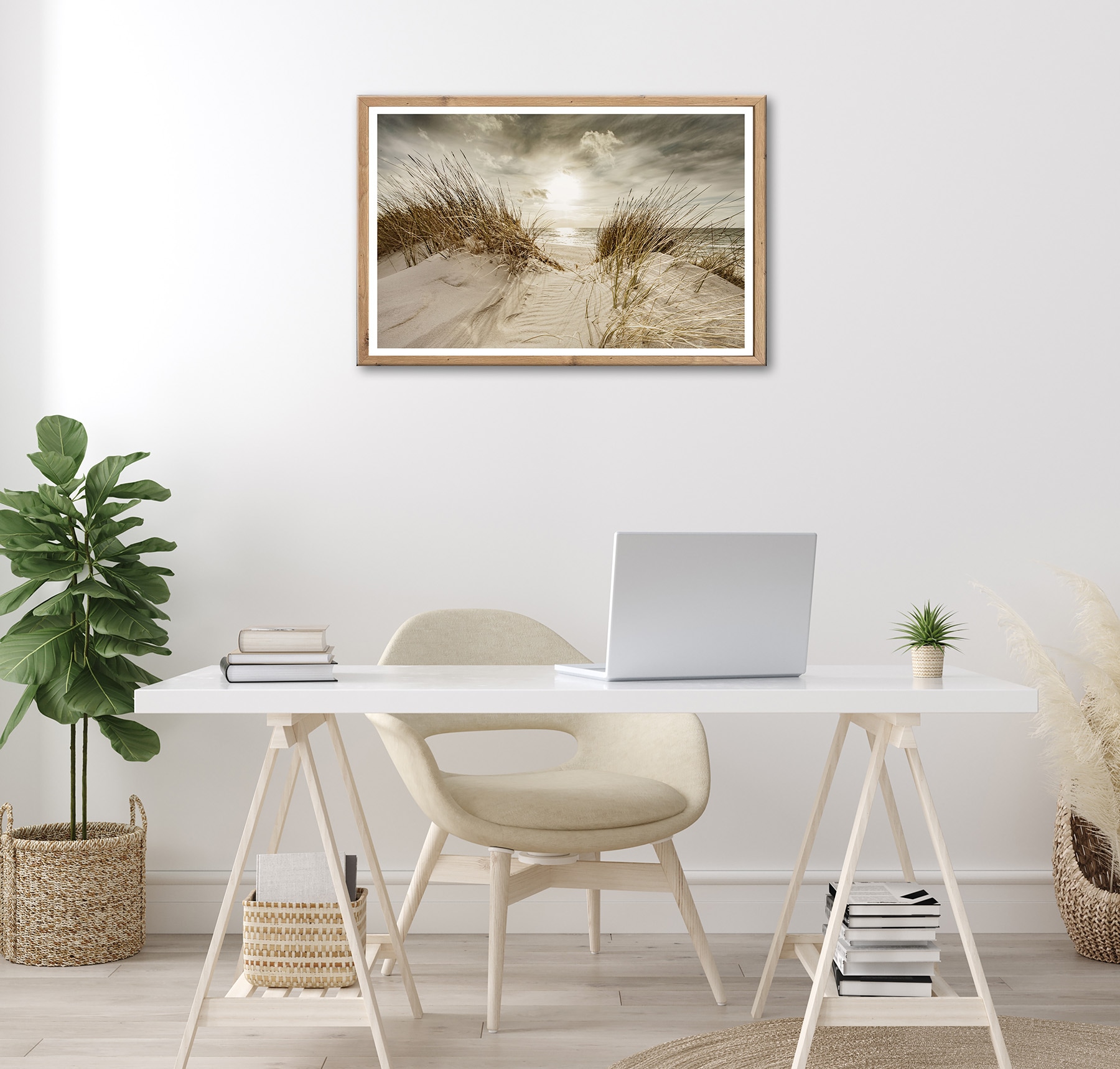 Bönninghoff Tableau avec cadre »Wandbild gerahmt STRANDSONNE 50x70 cm – Maritime Wanddeko Dünen« Côte | Dune | Herbes | Lever et coucher du soleil | Mer | Nature | Paysage | Plage 1 cuis tlg. avec cadre décoratif