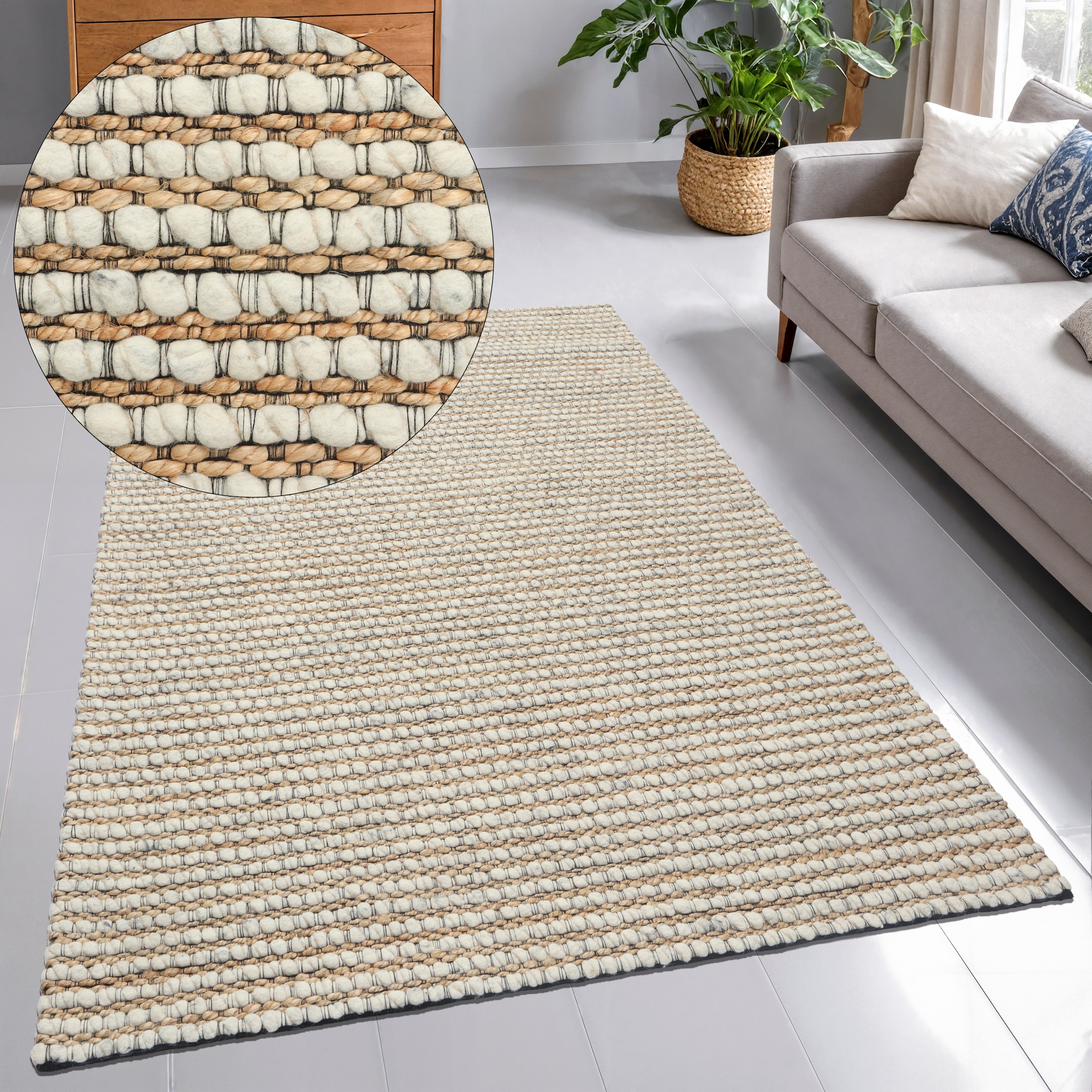 GOODproduct Tapis en laine »Leevy, Wolle und Jute, handgewebt, Handweb Teppiche« Rectangulaire 25 mm Höhe belle optique rayée, salon, chambre, salle à manger
