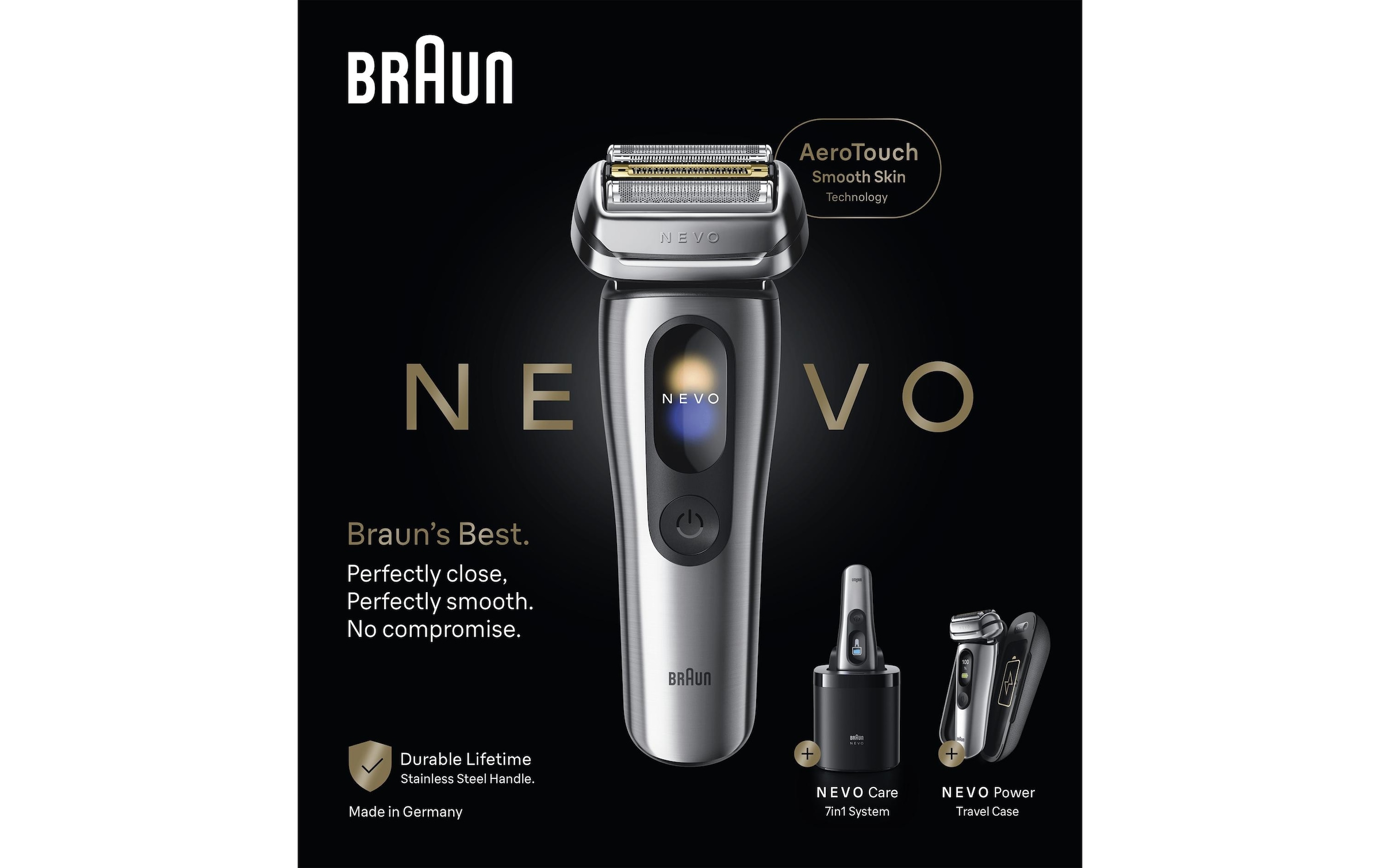 Braun Rasoirs électriques »NEVO 17000cc« station de nettoyage SmartClean Plus Tondeuse de précision intégrée AeroTouch, Écran Intelligent, Système de Soin 7-en-1, Étui de Voyage de Charge, Argent