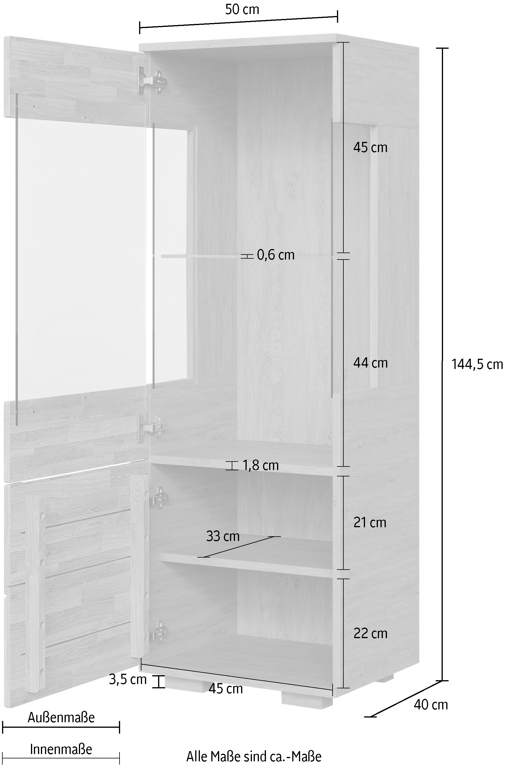 GOODproduct Vitrine »VETRO; massivholz fronten, Griffmulden, Wohnzimmer, Modern, Vitrine« B/T/H:50/40/144cm, Variable einlegeboden, Türanschlag L/R, 4Fächer