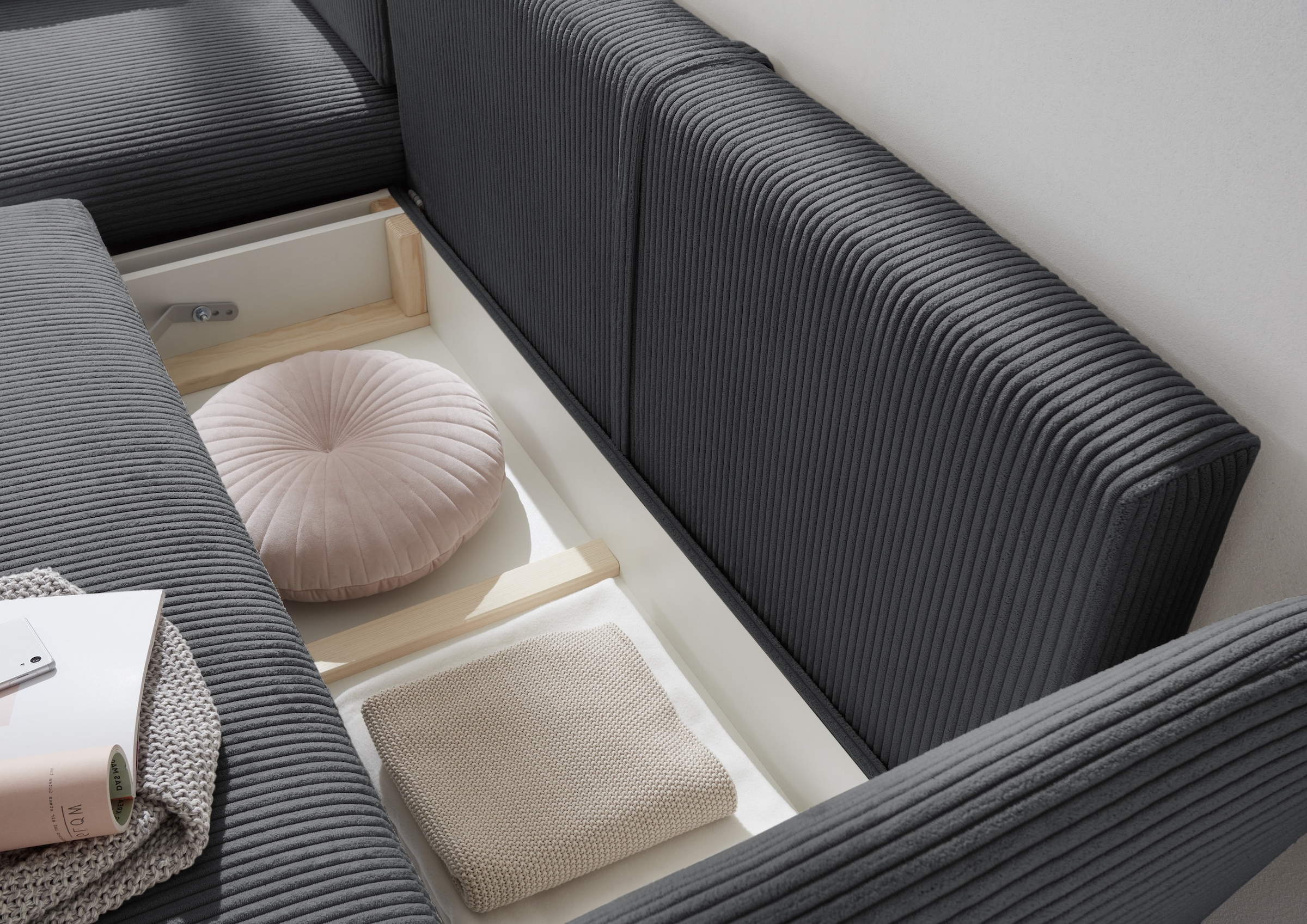 GOODproduct Canapé d'angle »MERLE, 258 cm, L-Form, traumhafter Cord,« avec fonction lit et coffre, surface couchage 224 x 139