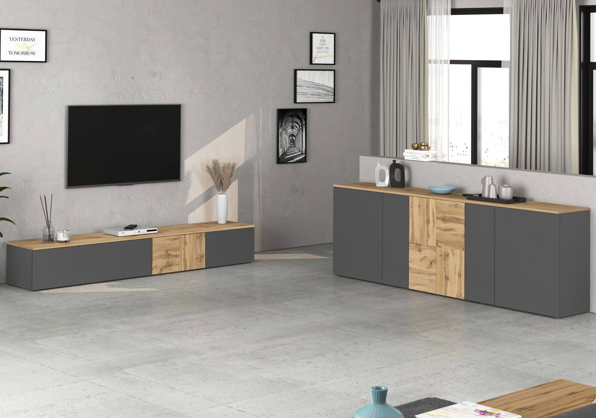 GOODproduct Sideboard »ISEO, Kommode, Schrank, Sideboard, Lowboard, 6 Fächer, Breite 200 cm« 1 cuis tlg. stehend/hängend, 5 Türen, 6 Fächer, Breite 200 cm