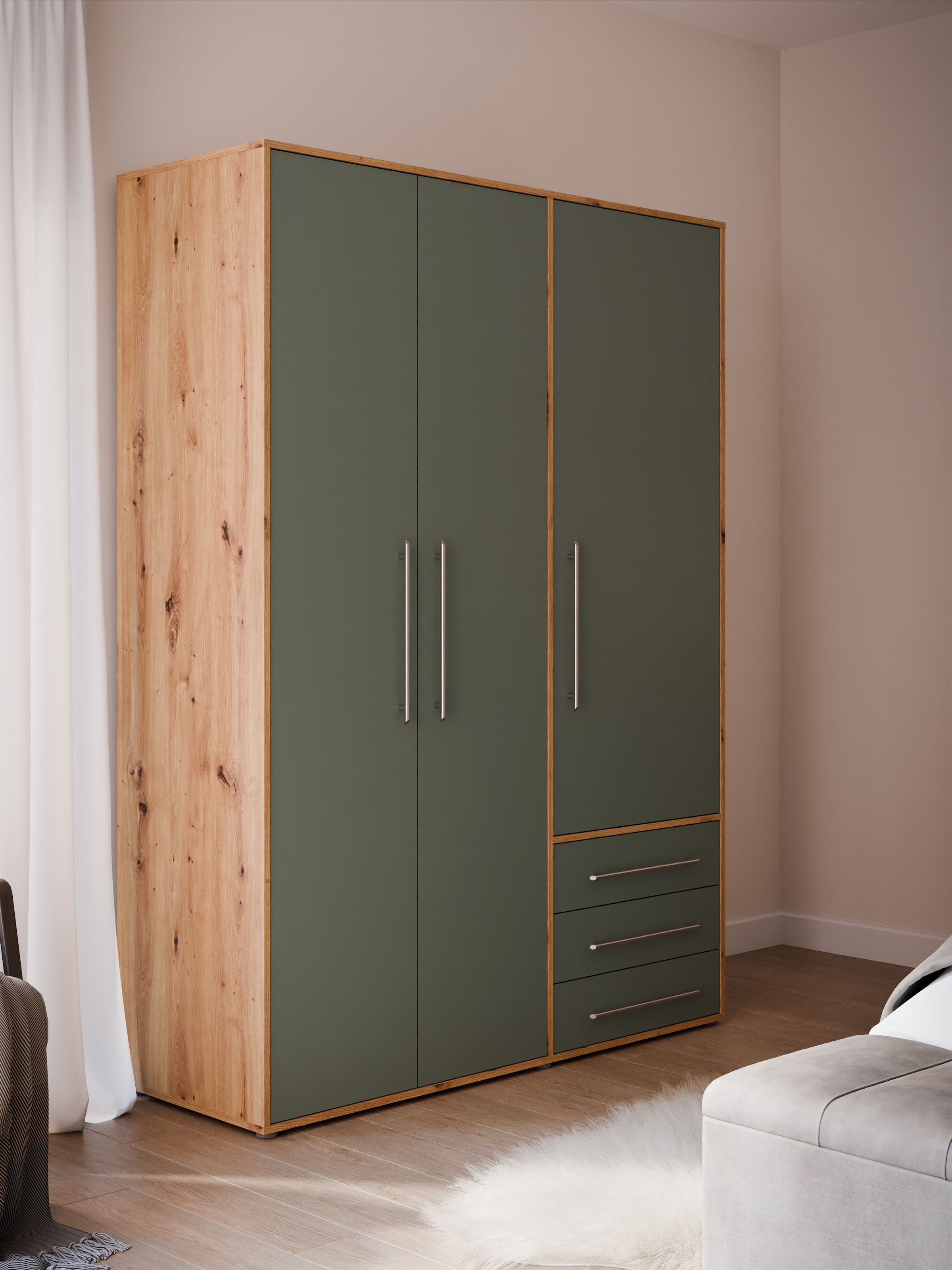 FORTE Armoire à portes battantes »Kleiderschrank,zeitloses Design,3 türig« beaucoup d'espace de rangement, tiroirs, poignées en barre, Made in Europe