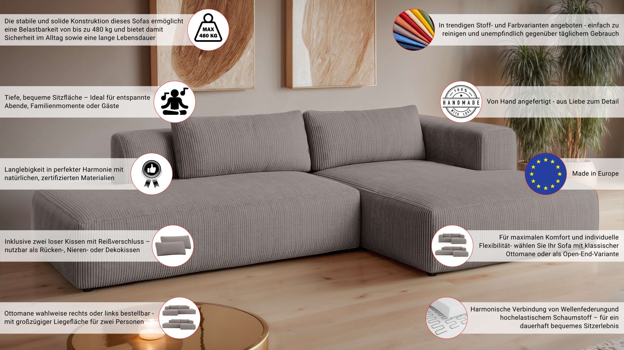 GOODproduct Canapé d'angle »TIARRA Design-Sofa mit Ottomane recht/links bestellbar, Breite 287 cm« L-Form mit hochelastischer Schaum und Wellenunterfederung