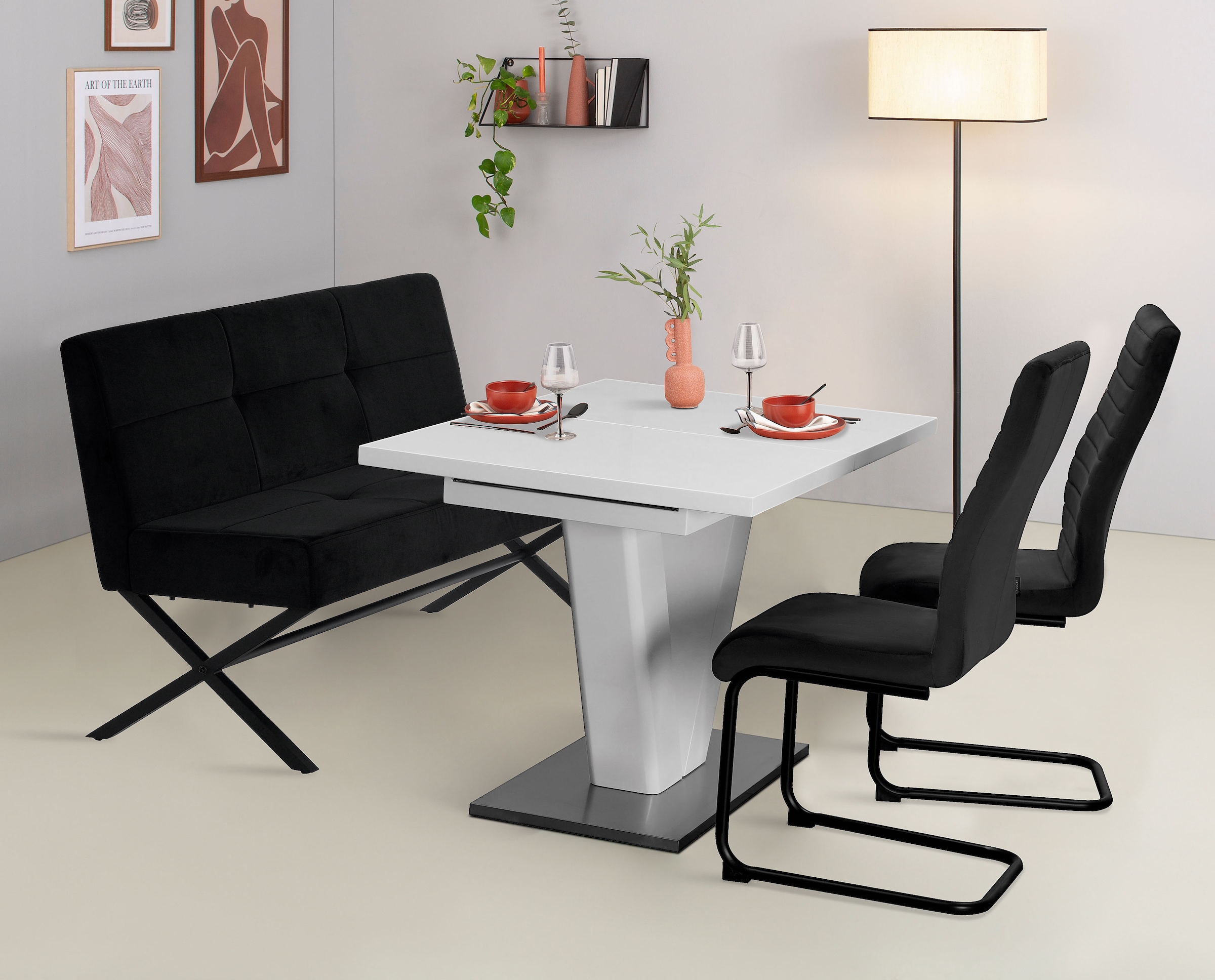 GOODproduct Banc rembourré »Narzisse« Banquette de salle à manger, banc, banquette,  Structure en X en métal noir, velours facile d'entretien, 140 cm