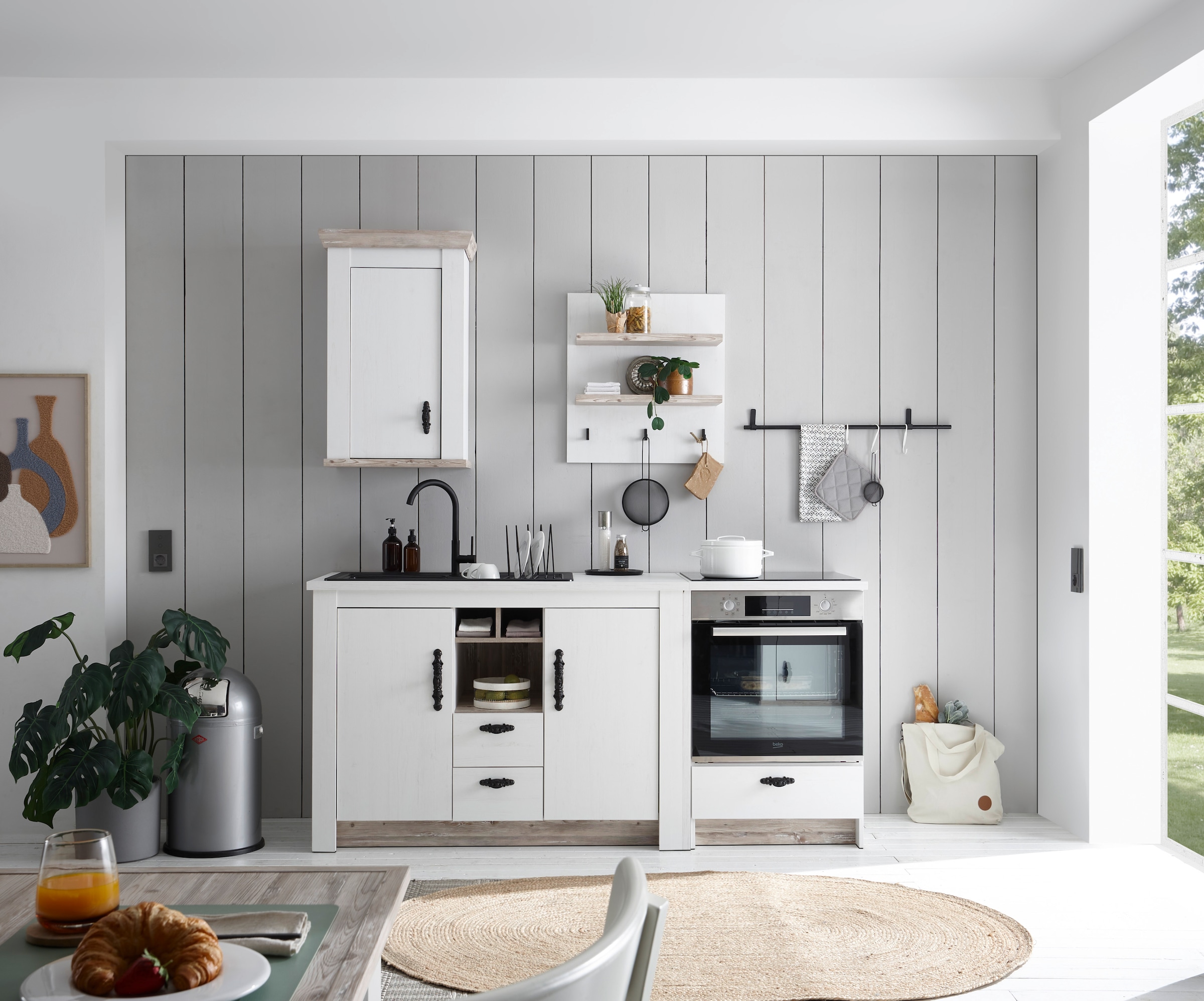 Home affaire Kitchenette »Florenz, Küche in Pinie Weiss, mit Herdumbau, ohne E-Geräte« Set,  Breite 191 cm, mit verschnörkelten Metallgriffen, Arbeitshöhe 92 cm
