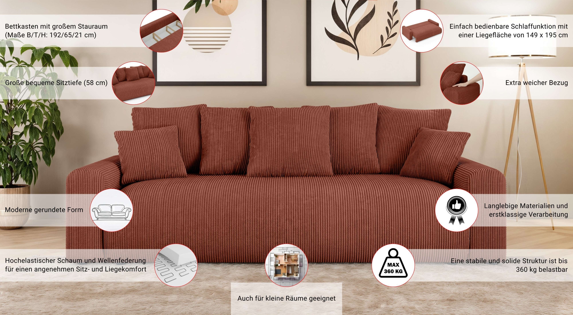 Home affaire Canapé Big »LAKESIDE klein 3-Sitzer Schlafsofa mit Bettkasten, Breite 238 cm« Liegefläche 149x195 cm, hoher Sitzkomfort, Masse B/T/H: 238/98/85cm