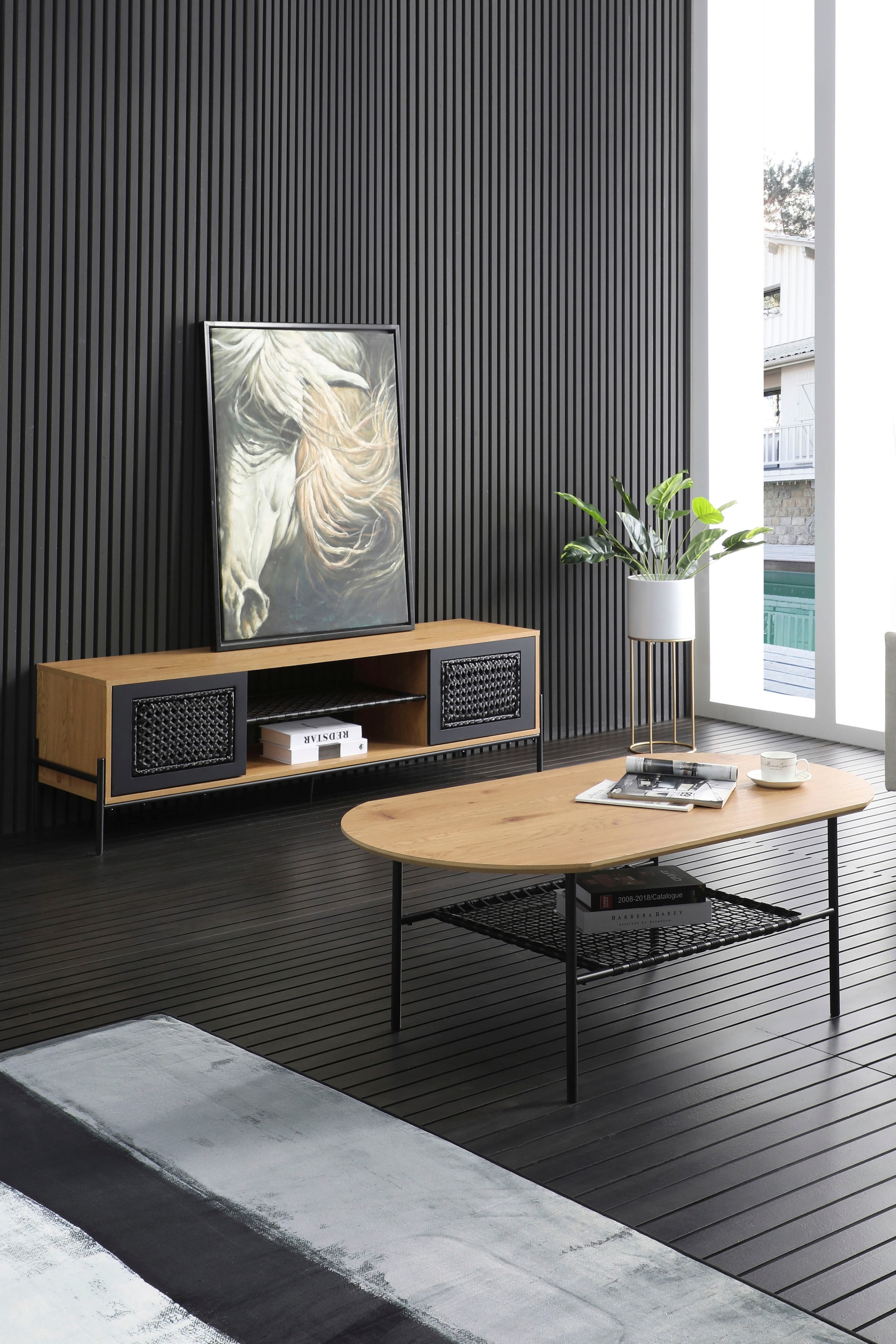 SalesFever Lowboard »York Design Lowboard für stilvolle Wohnräume« Kommode: Stilvoller Fernsehtisch mit mattschwarzem Polyrattan-Einsatz