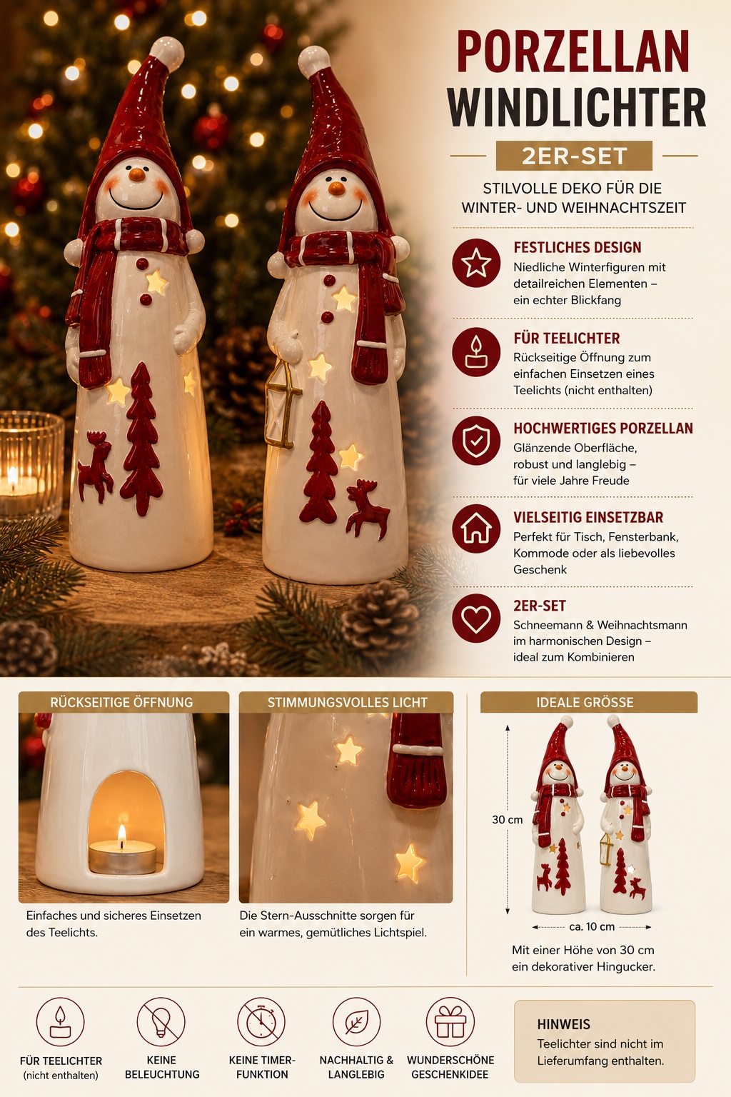 GOODproduct Porte-bougies à chauffe-plat »Deko Weihnachten Eeske, aus Porzellan detailreich bemalt« Schneemänner klassisch rot-weiss, jeweils ca.31cm hoch