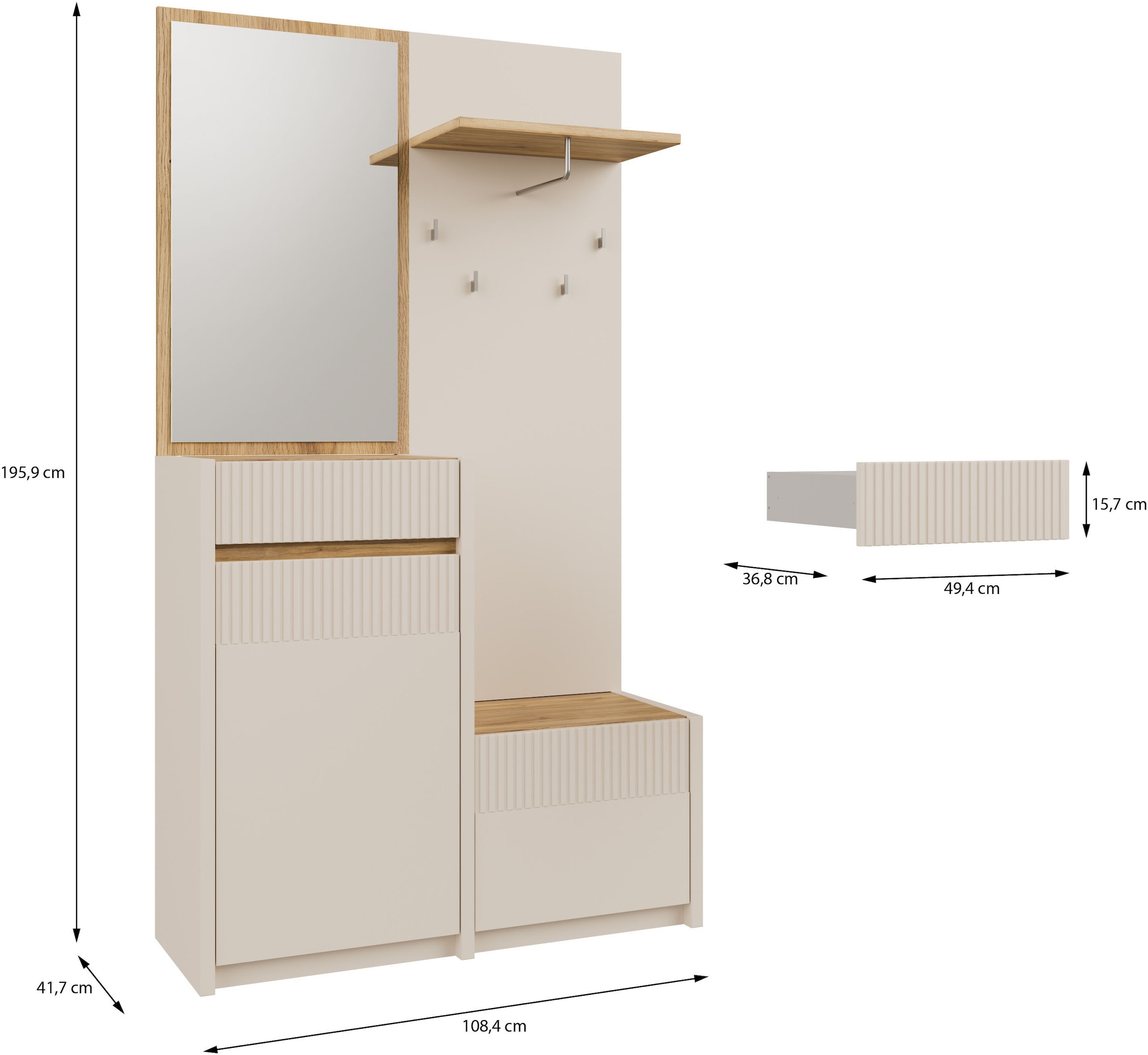 FORTE Vestiaire compact »Oak Squere Garderobe, 1 Türe, 1SK, 1 Klappe« L/H/P 108,4 /195,9/41,7 cm miroir, crochet, tringle à vêtements