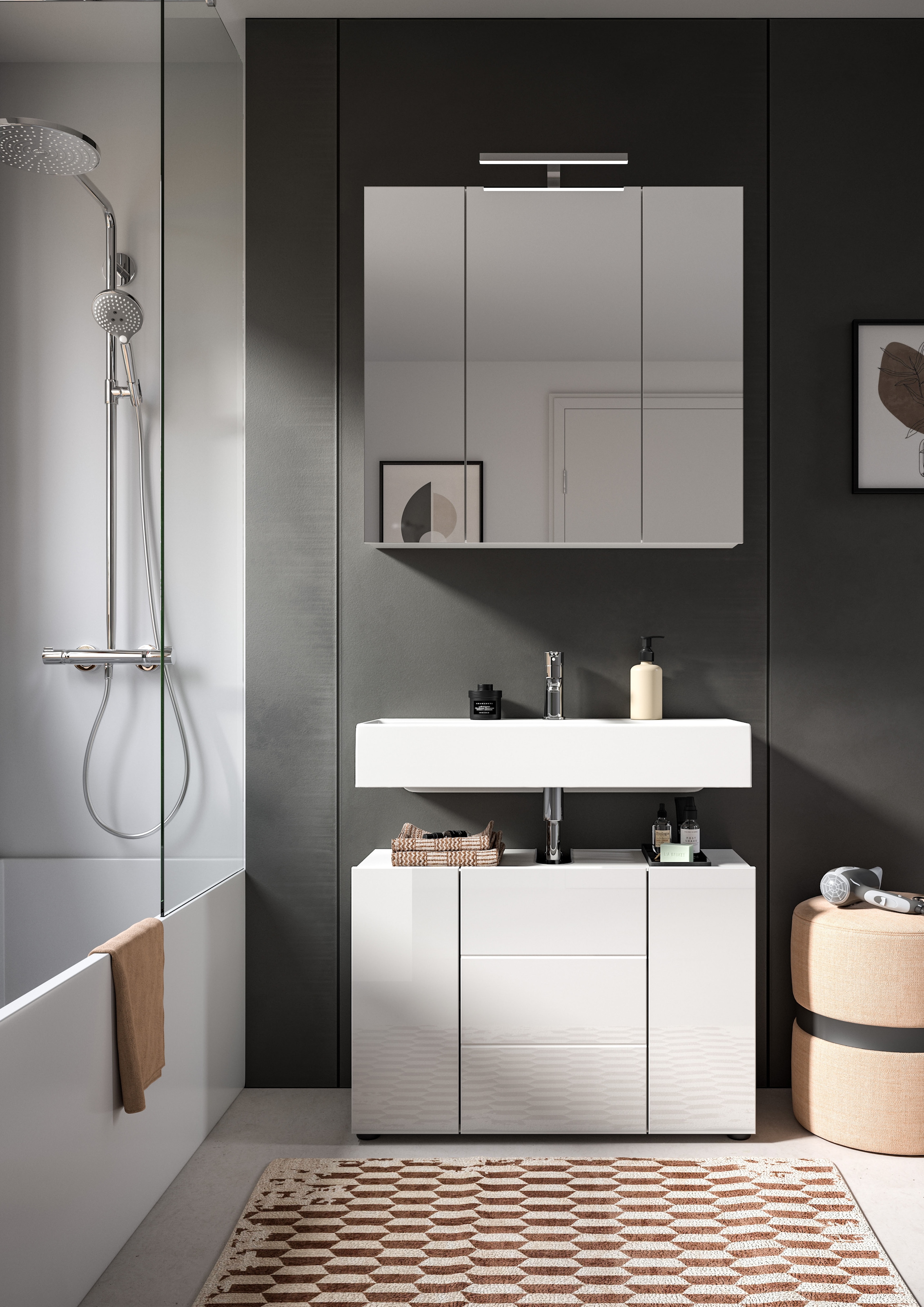 welltime Badmöbel-Set »BIEL, TOPSELLER!, 2 teilig, hochwertige MDF Front, Rillenoptik« 2 teiliges Set, bestehend aus: Waschbeckenunterschrank, Spiegelschrank, 2 Stk. tlg.